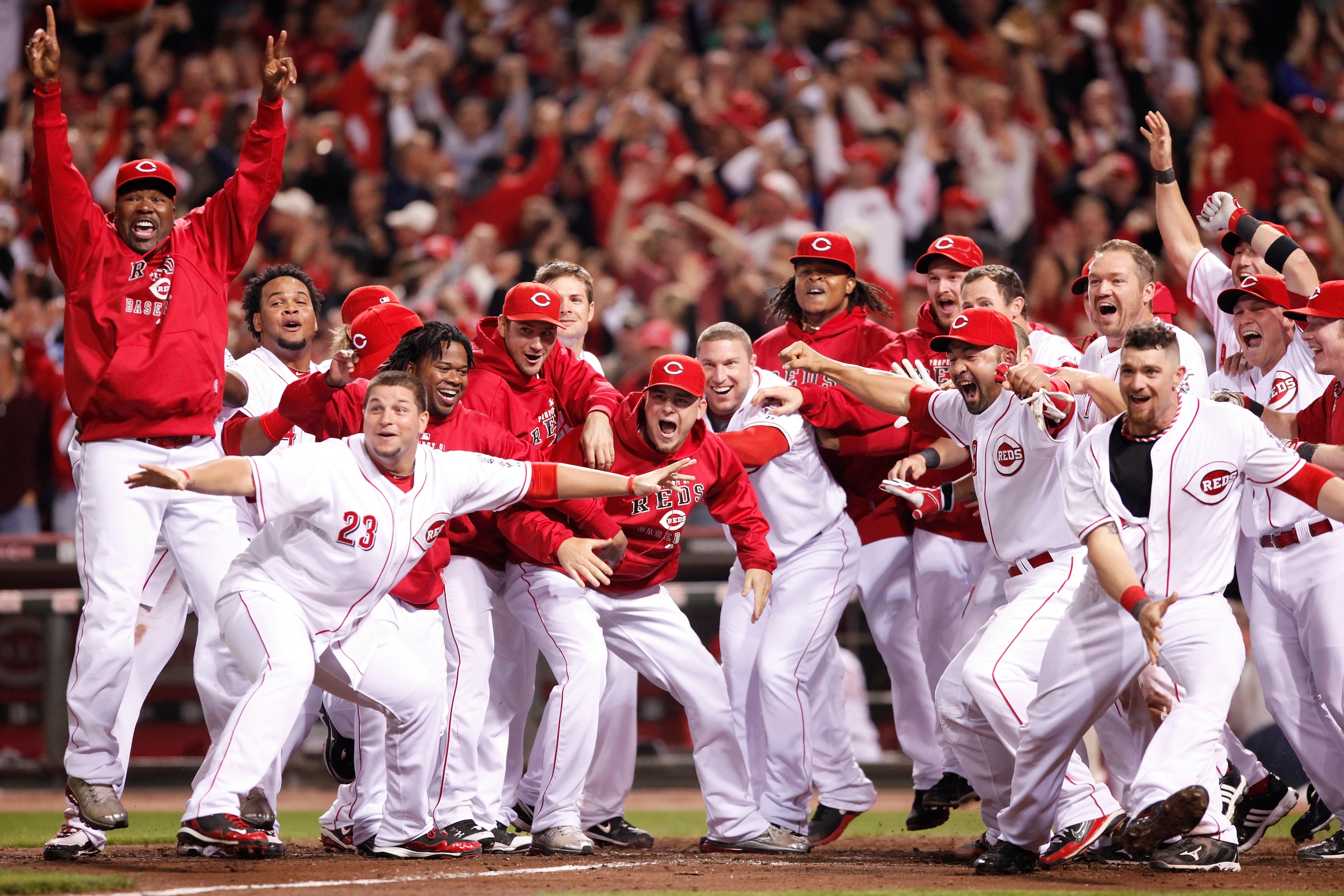 CINCINNATI, OH - SEPTEMBER 28: The Cincinnati Reds celebrate after Jay Bruce's walk off home run in the ninth inning against the Houston Astros at Great American Ball Park on September 28, 2010 in Cincinnati, Ohio. The Reds won 3-2 to clinch the NL Centra