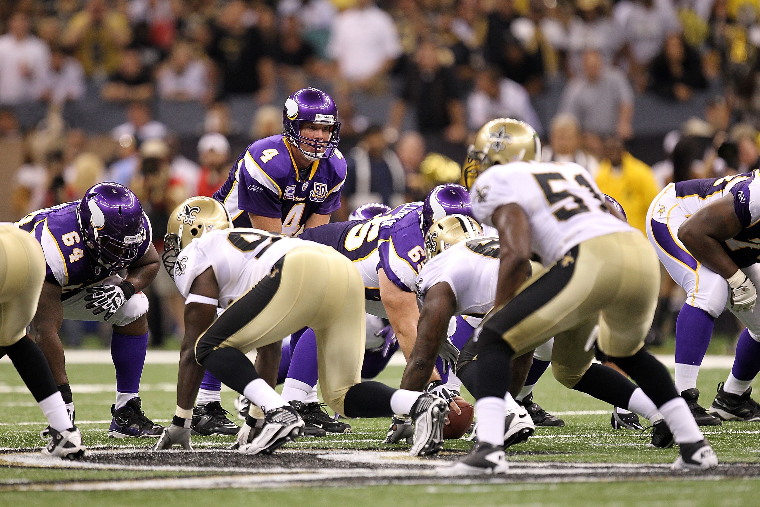 NEW ORLEANS - SEPTEMBER 09:  Quarterback Brett Favre #4 of the Minnesota Vikings at Louisiana Superdome on September 9, 2010 in New Orleans, Louisiana.  (Photo by Ronald Martinez/Getty Images)
