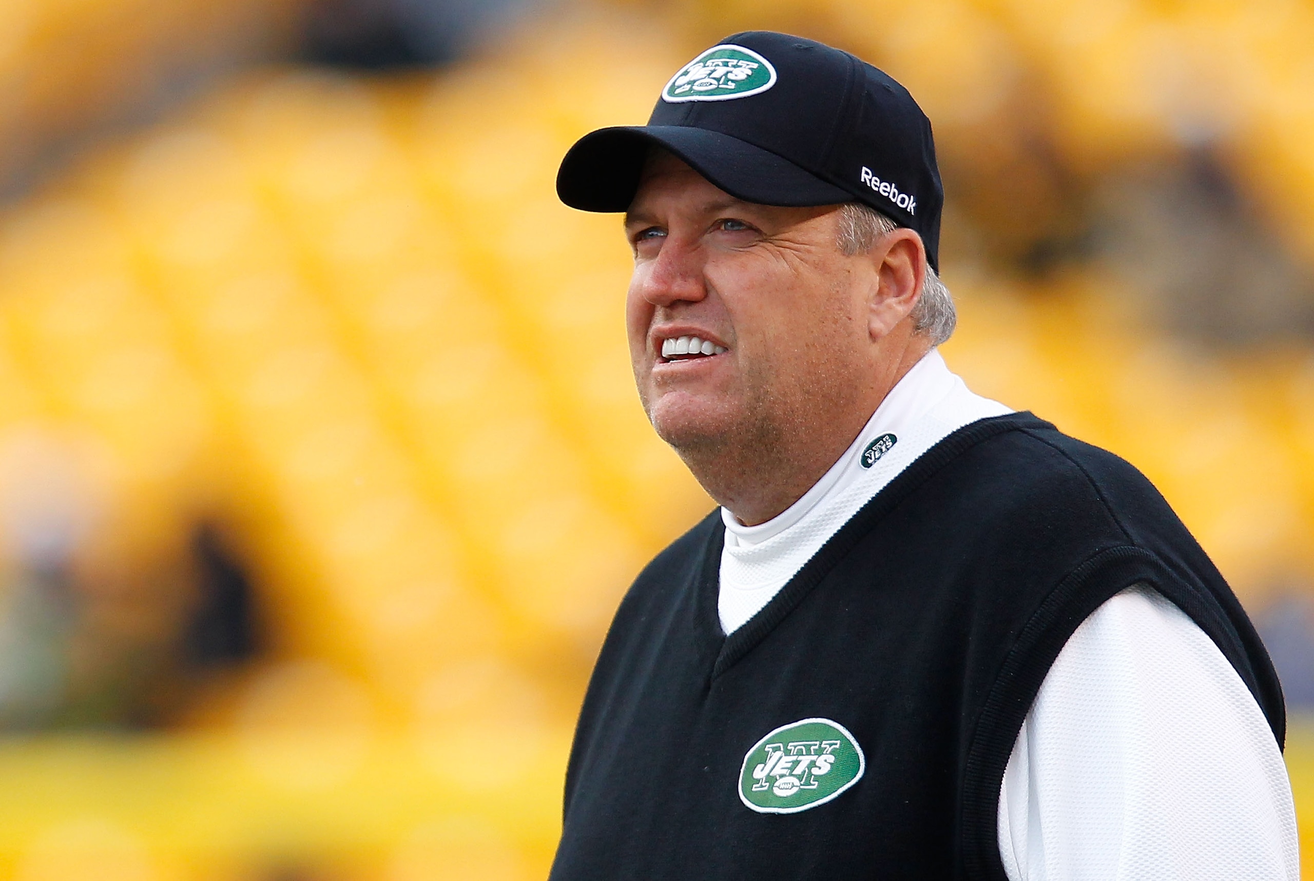 PITTSBURGH - DECEMBER 19:  Head coach Rex Ryan of the New York Jets watches his team warm up before the game against the Pittsburgh Steelers on December 19, 2010 at Heinz Field in Pittsburgh, Pennsylvania.  (Photo by Jared Wickerham/Getty Images)