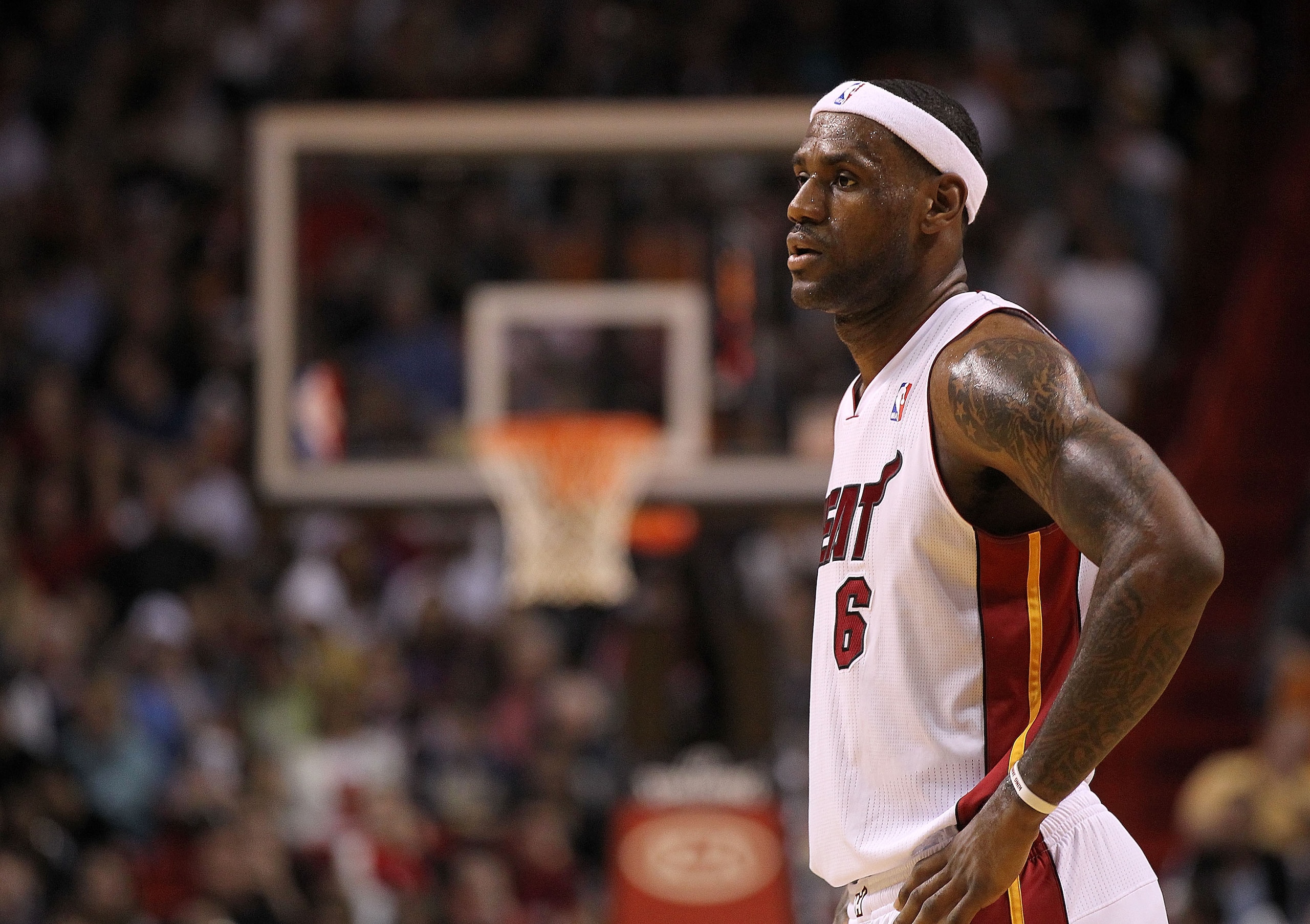 MIAMI, FL - DECEMBER 20:  LeBron James #6 of the Miami Heat looks on during a game against the Dallas Mavericks at American Airlines Arena on December 20, 2010 in Miami, Florida. NOTE TO USER: User expressly acknowledges and agrees that, by downloading an