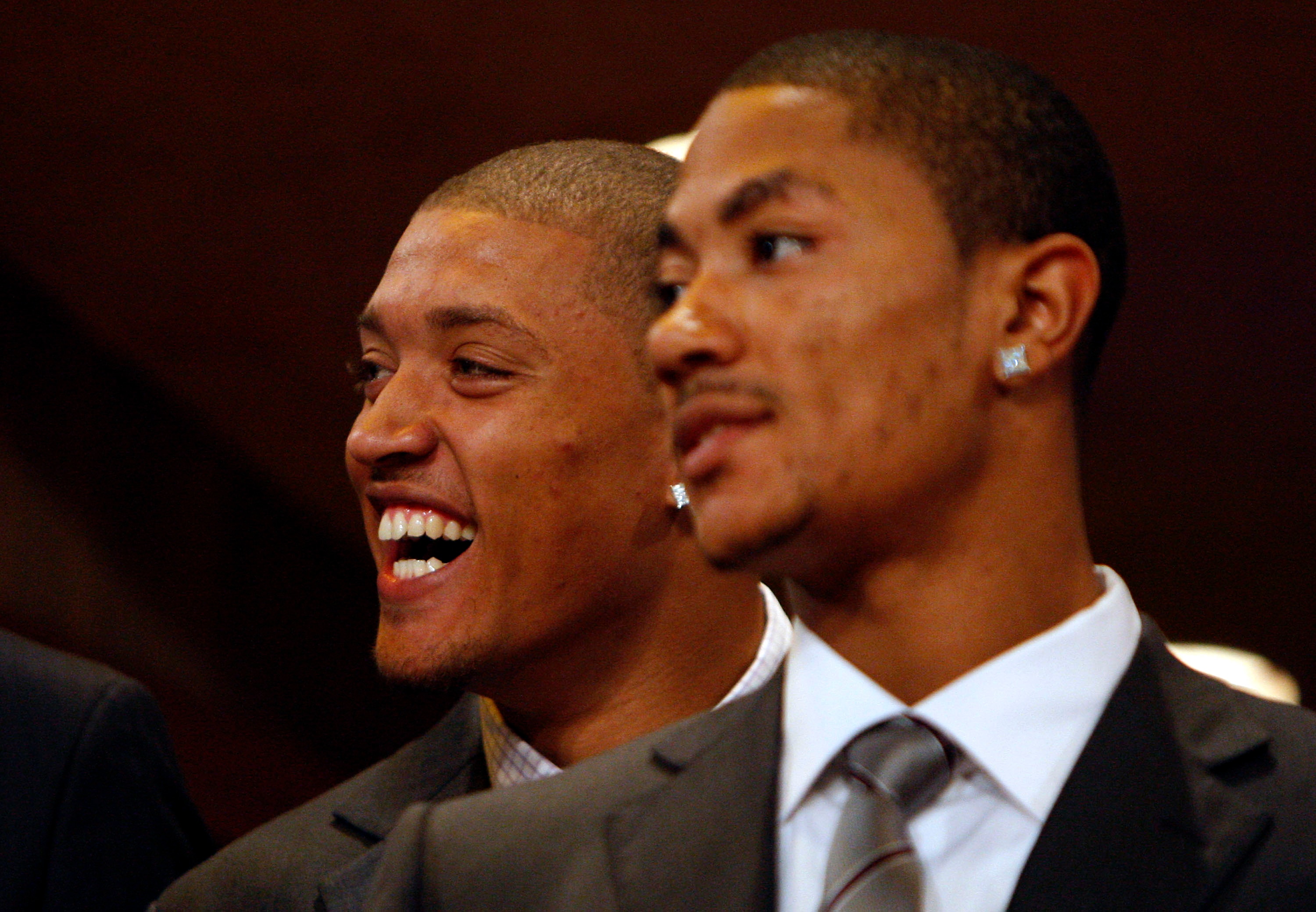 NEW YORK - JUNE 26:  Michael Beasley laughs behind Derrick Rose prior to the 2008 NBA Draft at the WaMu Theatre at Madison Square Garden June 26, 2008 in New York City. NOTE TO USER: User expressly acknowledges and agrees that, by downloading and or using