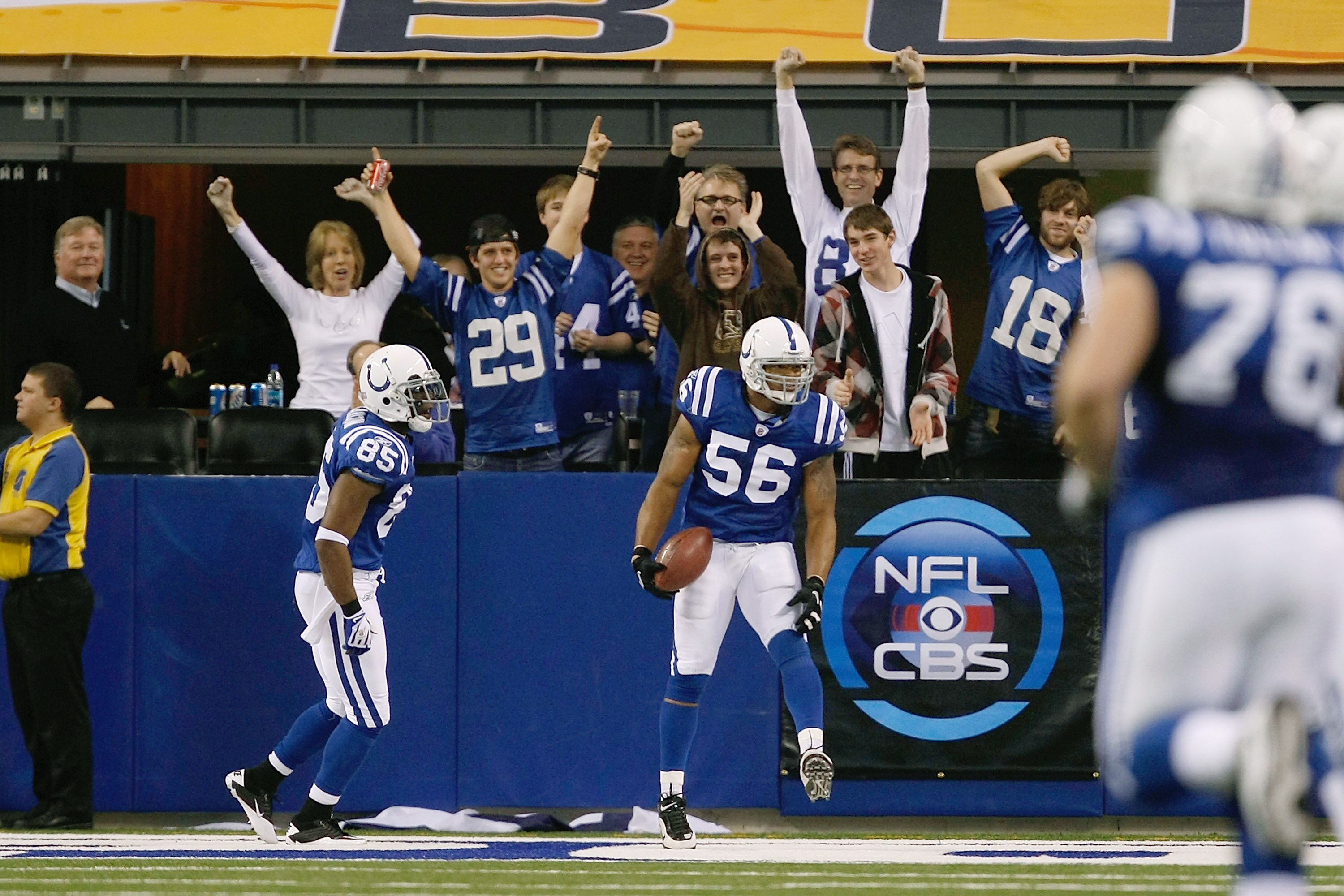 INDIANAPOLIS, IN - DECEMBER 19: Tyjuan Hagler #56 of the Indianapolis Colts celebrates a touchdown after recovering an onside kick against the Jacksonville Jaguars at Lucas Oil Stadium on December 19, 2010 in Indianapolis, Indiana.   The Colts defeated th