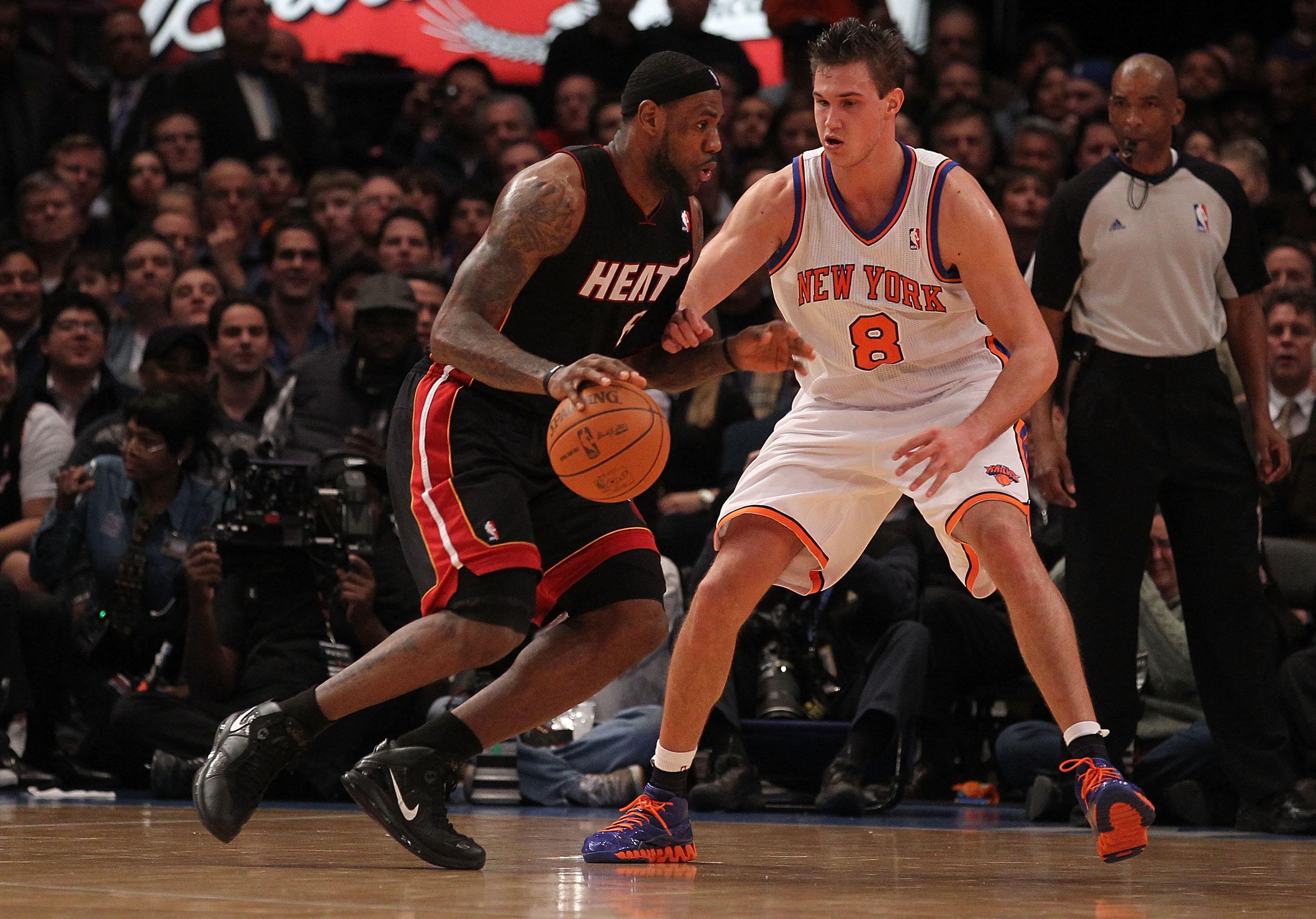 NEW YORK - DECEMBER 17:  Danilo Gallinari #8 of the New York Knicks guards LeBron James #6 of the Miami Heat at Madison Square Garden on December 17, 2010 in New York, New York.  (Photo by Al Bello/Getty Images)