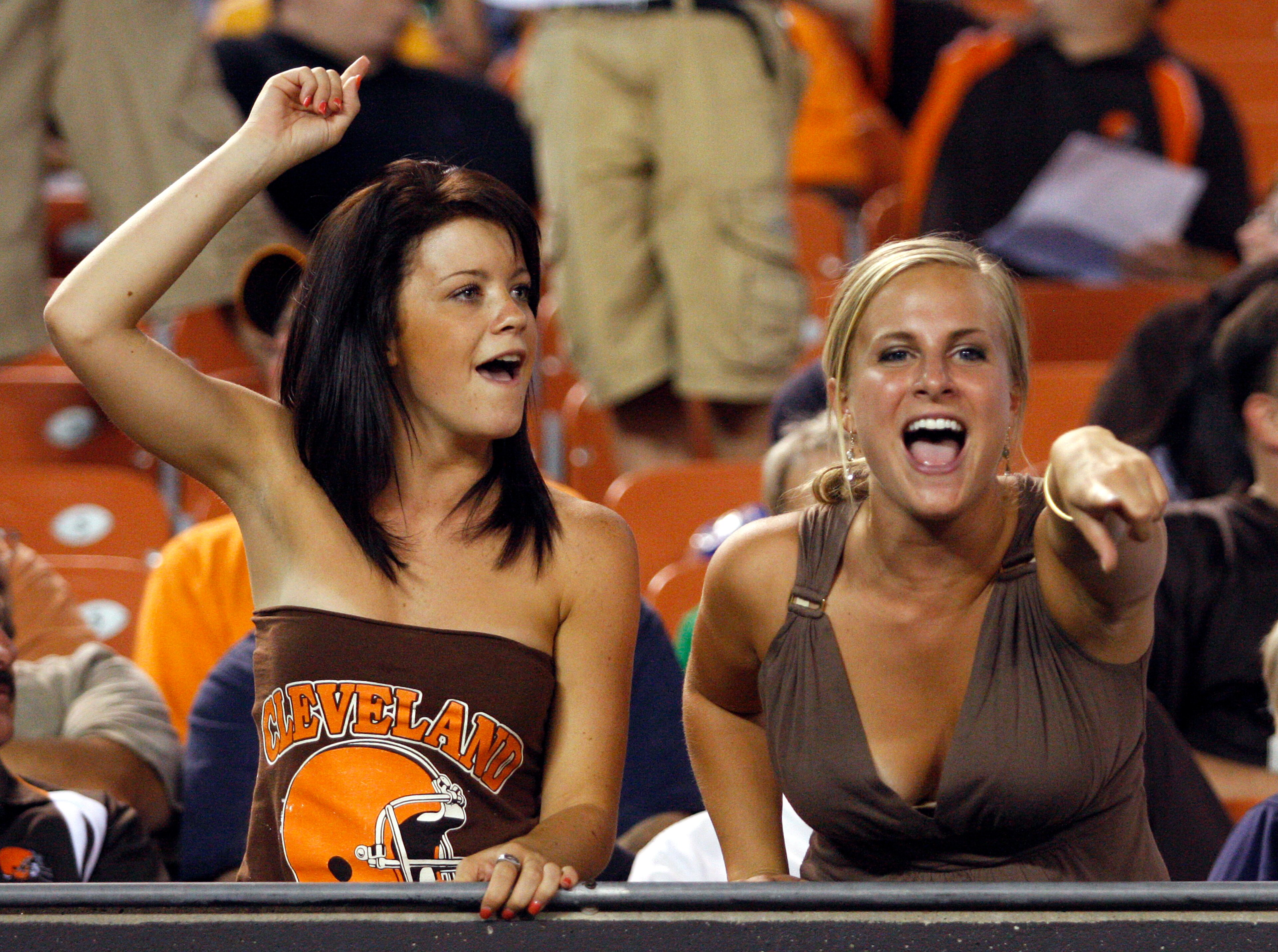 CLEVELAND - SEPTEMBER 2: Cleveland Brown fans cheer on their team during the preseason game against the Chicago Bears on September 2, 2010 at Cleveland Browns Stadium in Cleveland, Ohio. The Browns defeated the Bears 13-10. (Photo by Justin K. Aller/Get CLEVELAND - SEPTEMBER 2: Cleveland Brown fans cheer on their team during the preseason game against the Chicago Bears on September 2, 2010 at Cleveland Browns Stadium in Cleveland, Ohio. The Browns defeated the Bears 13-10. (Photo by Justin K. Aller/Get