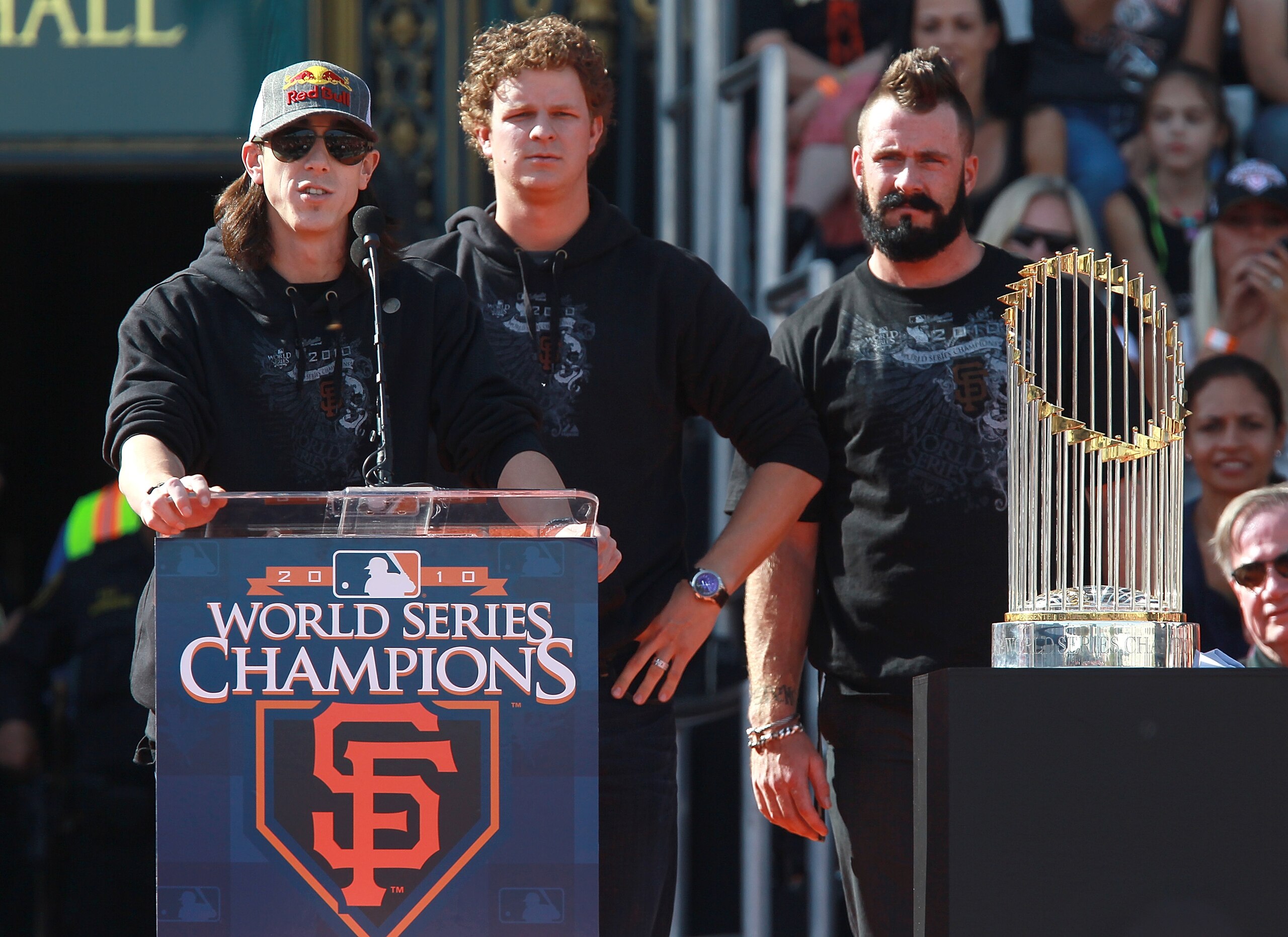 SAN FRANCISCO - NOVEMBER 03:  (L-R) San Francisco Giants pitchers Tim Lincecum, Matt Cain and Brian Wilson speak to fans outside San Francisco city hall during the Giants' victory parade and celebration on November 3, 2010 in San Francisco, California. Th