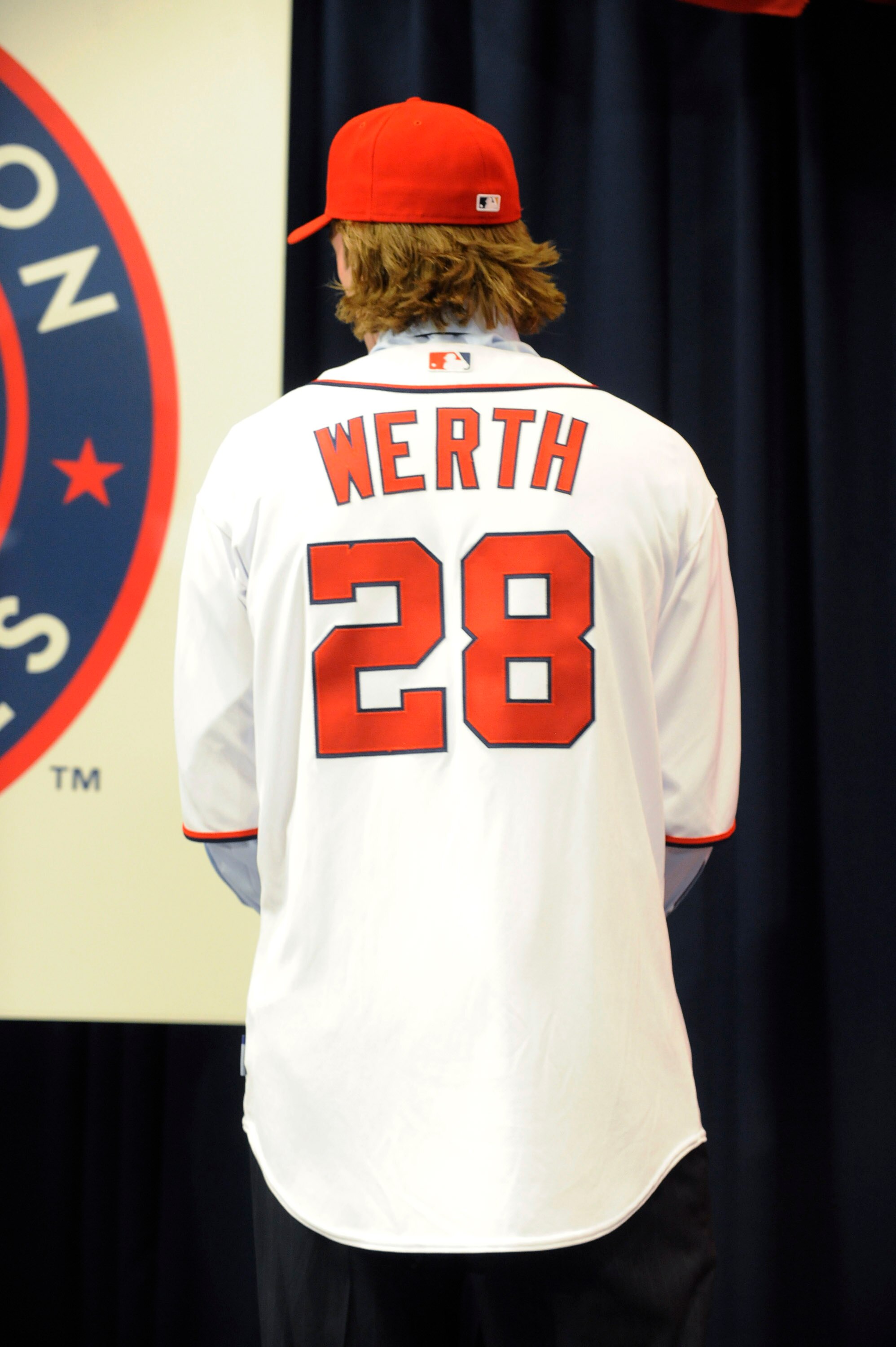 WASHINGTON, DC - DECEMBER 15:  Jayson Werth #28 of the Washington Nationals poses in his jersey as he is introduced to the media on December 15, 2010 at Nationals Park in Washington, DC.   (Photo by Mitchell Layton/Getty Images)