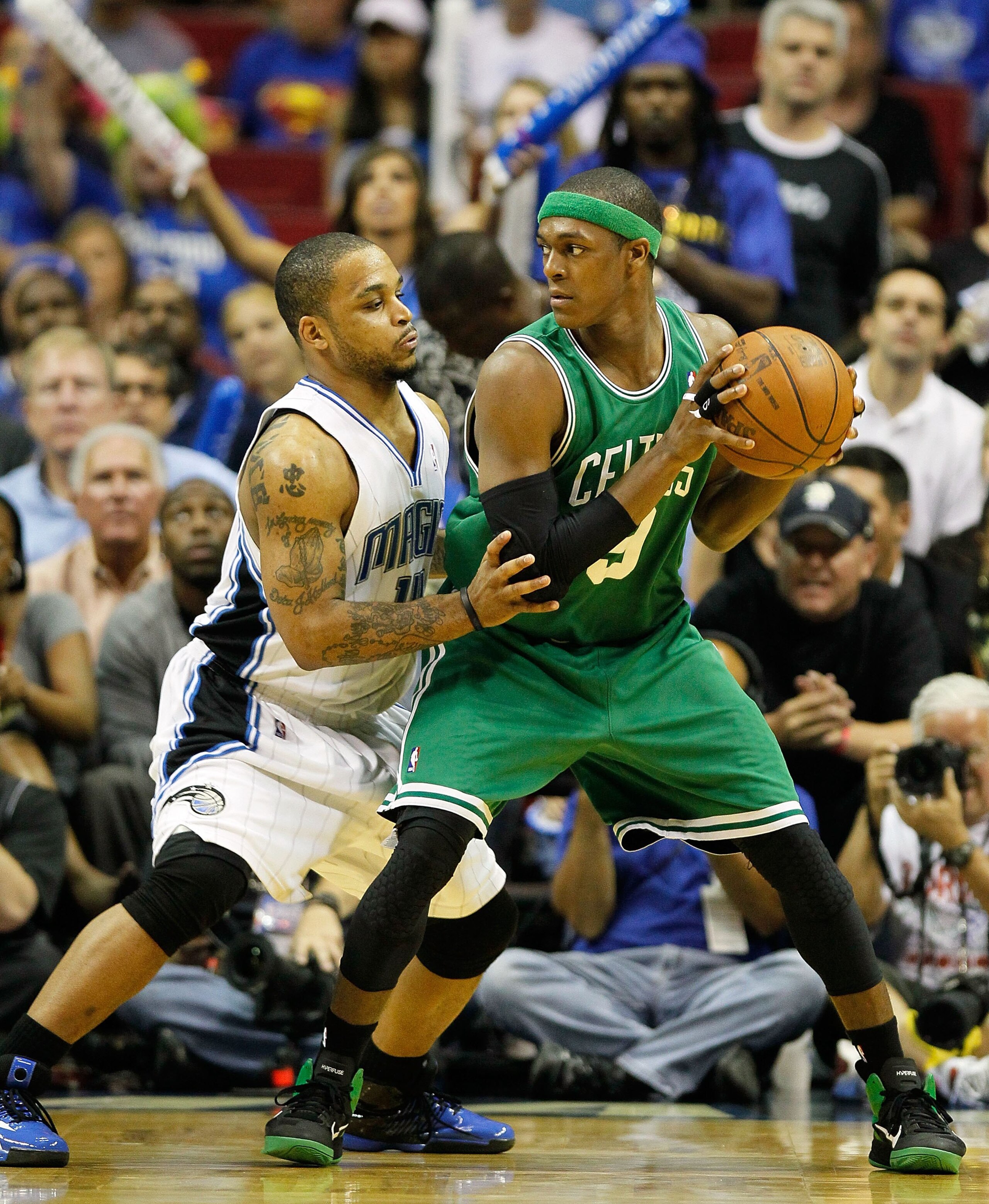 ORLANDO, FL - MAY 26:  Rajon Rondo #9 of the Boston Celtics looks to pass against Jameer Nelson #14 of the Orlando Magic in Game Five of the Eastern Conference Finals during the 2010 NBA Playoffs at Amway Arena on May 26, 2010 in Orlando, Florida.  NOTE T