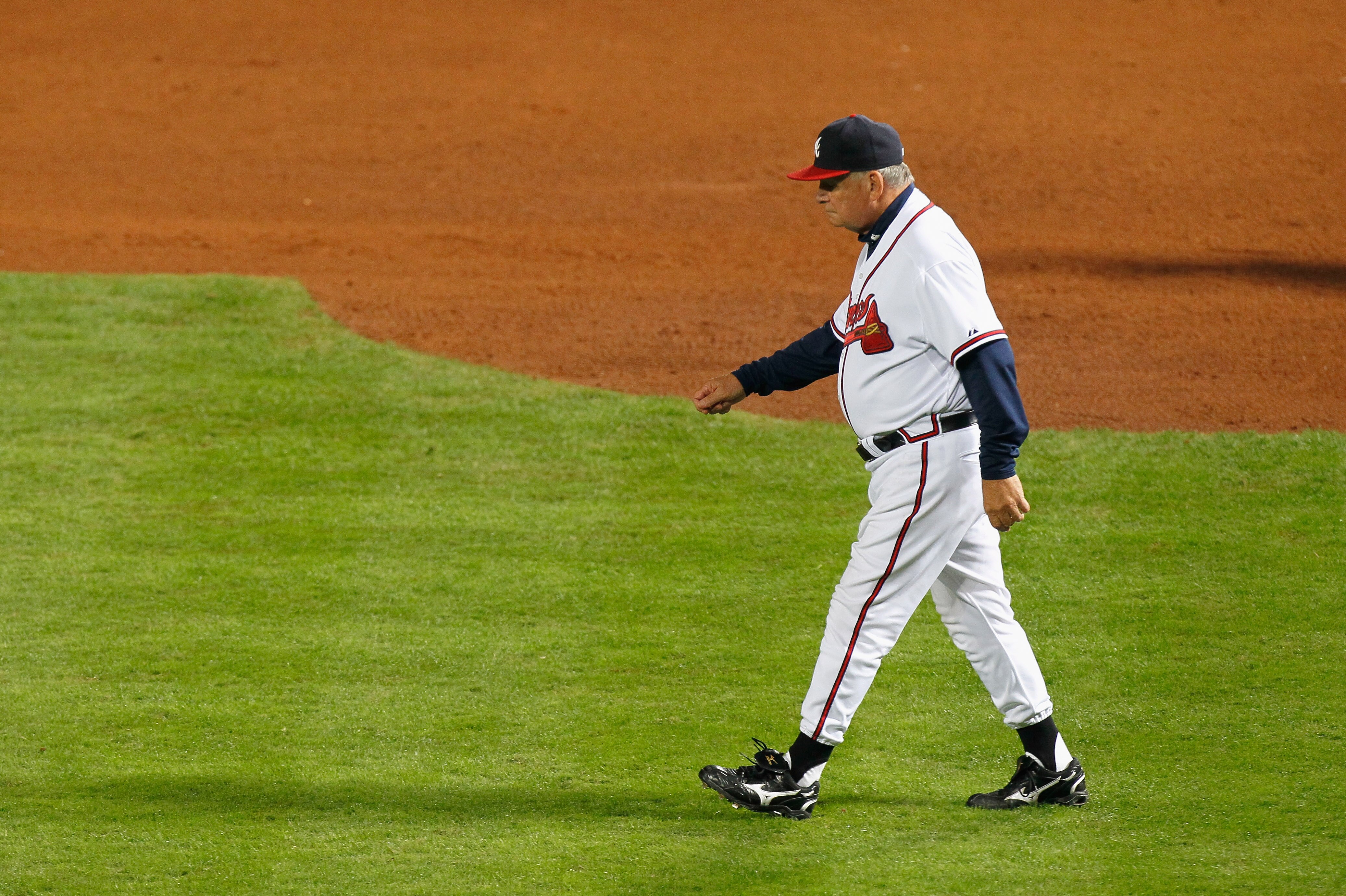 ATLANTA - OCTOBER 11:  Manager Bobby Cox #6 of the Atlanta Braves against the San Francisco Giants during Game Four of the NLDS of the 2010 MLB Playoffs at Turner Field on October 11, 2010 in Atlanta, Georgia.  (Photo by Kevin C. Cox/Getty Images)