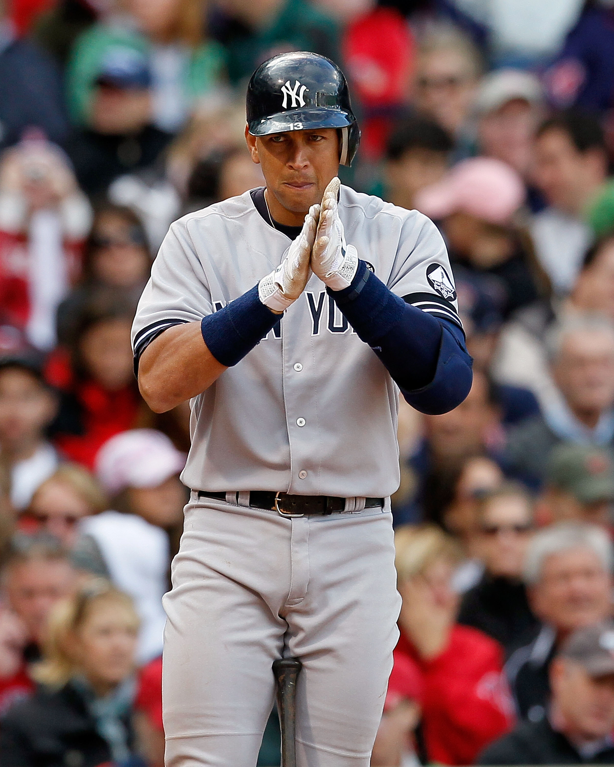BOSTON - OCTOBER 3:  Alex Rodriguez #13 of the New York Yankees rubs his hands before batting during a game against the Boston Red Sox at Fenway Park, October 3, 2010, in Boston, Massachusetts. (Photo by Jim Rogash/Getty Images)