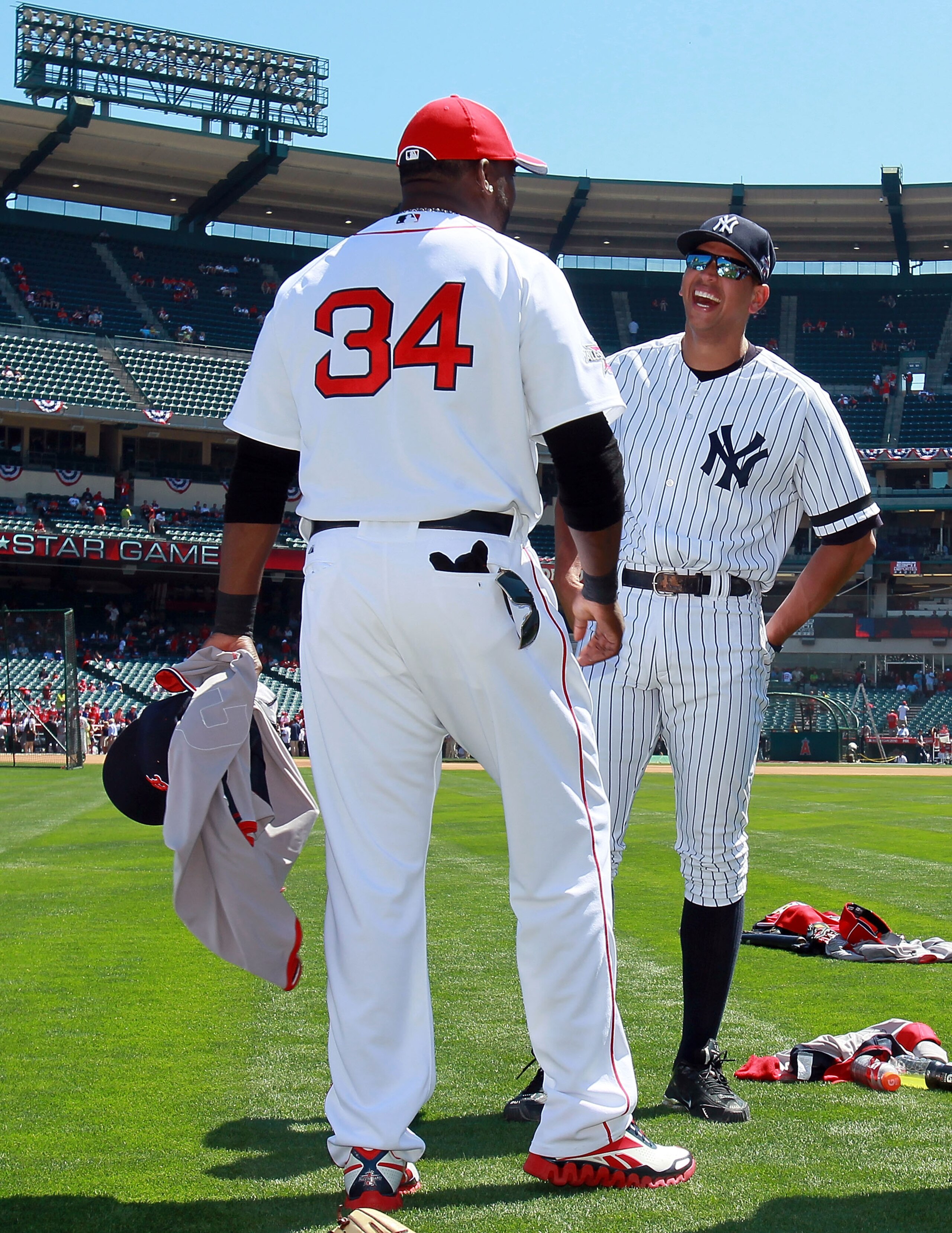 ANAHEIM, CA - JULY 13:  ANAHEIM, CA - JULY 1American League All-Star David Ortiz #34 of the Boston Red Sox  and American League All-Star Alex Rodriguez #13 of the New York Yankees talk before the 81st MLB All-Star Game at Angel Stadium of Anaheim on July