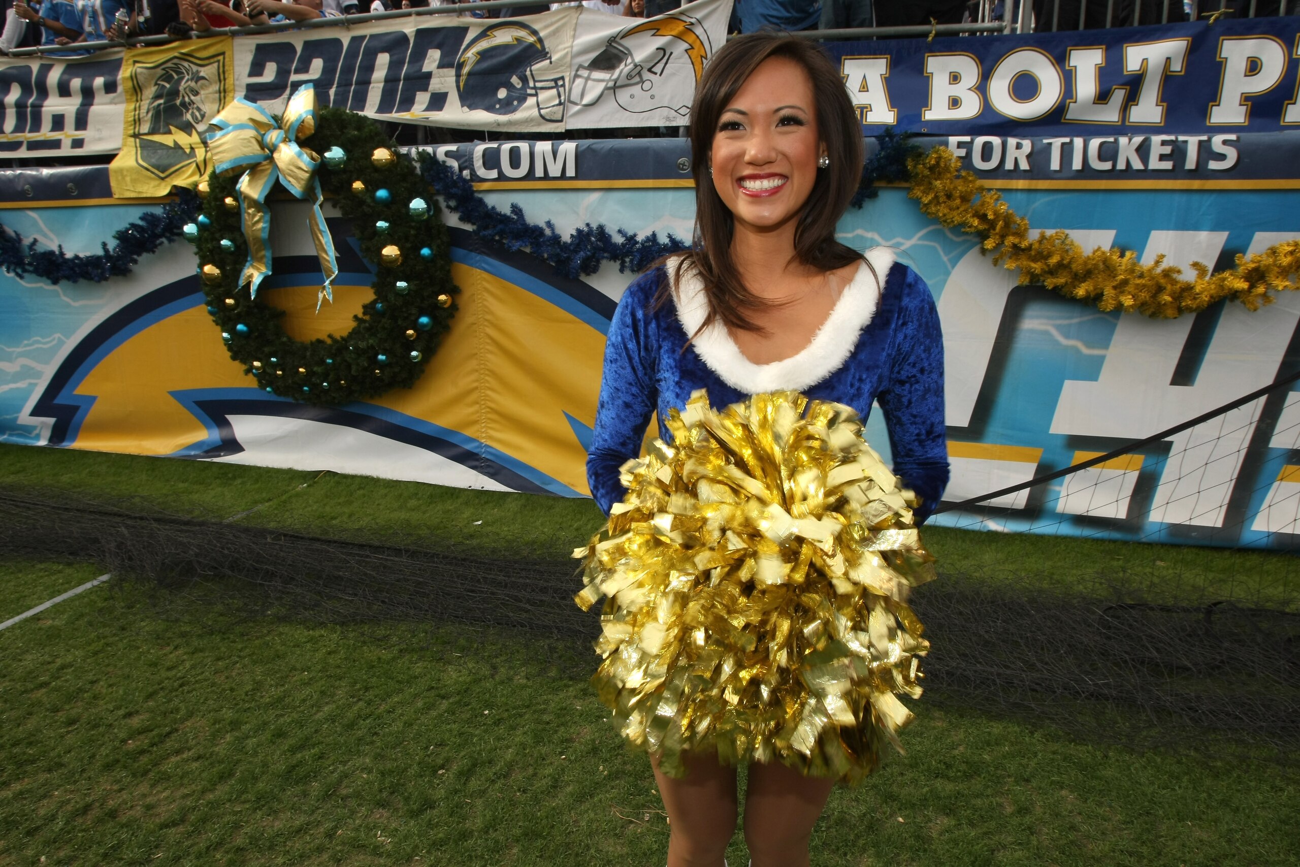 SAN DIEGO - DECEMBER 20:   A member of the Charger Girls is dressed for Christmas during the game between the San Diego Chargers and the Cincinnati Bengals on December 20, 2009 at Qualcomm Stadium in San Diego, California.    (Photo by Stephen Dunn/Getty