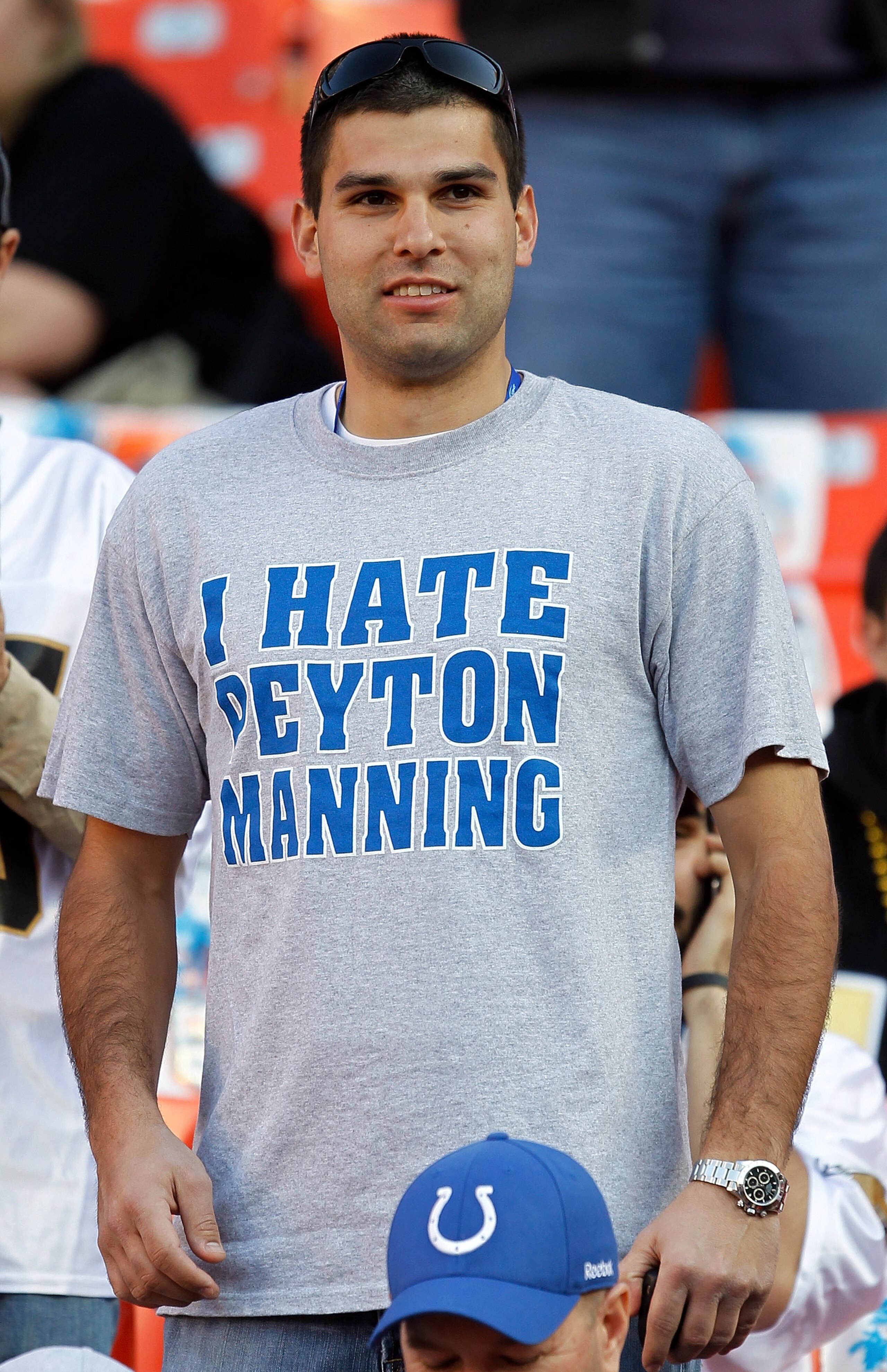 MIAMI GARDENS, FL - FEBRUARY 07: A fan wears an 'I Hate Peyton Manning' t-shirt prior to Super Bowl XLIV between the Indianapolis Colts and the New Orleans Saints on February 7, 2010 at Sun Life Stadium in Miami Gardens, Florida.  (Photo by Jonathan Danie