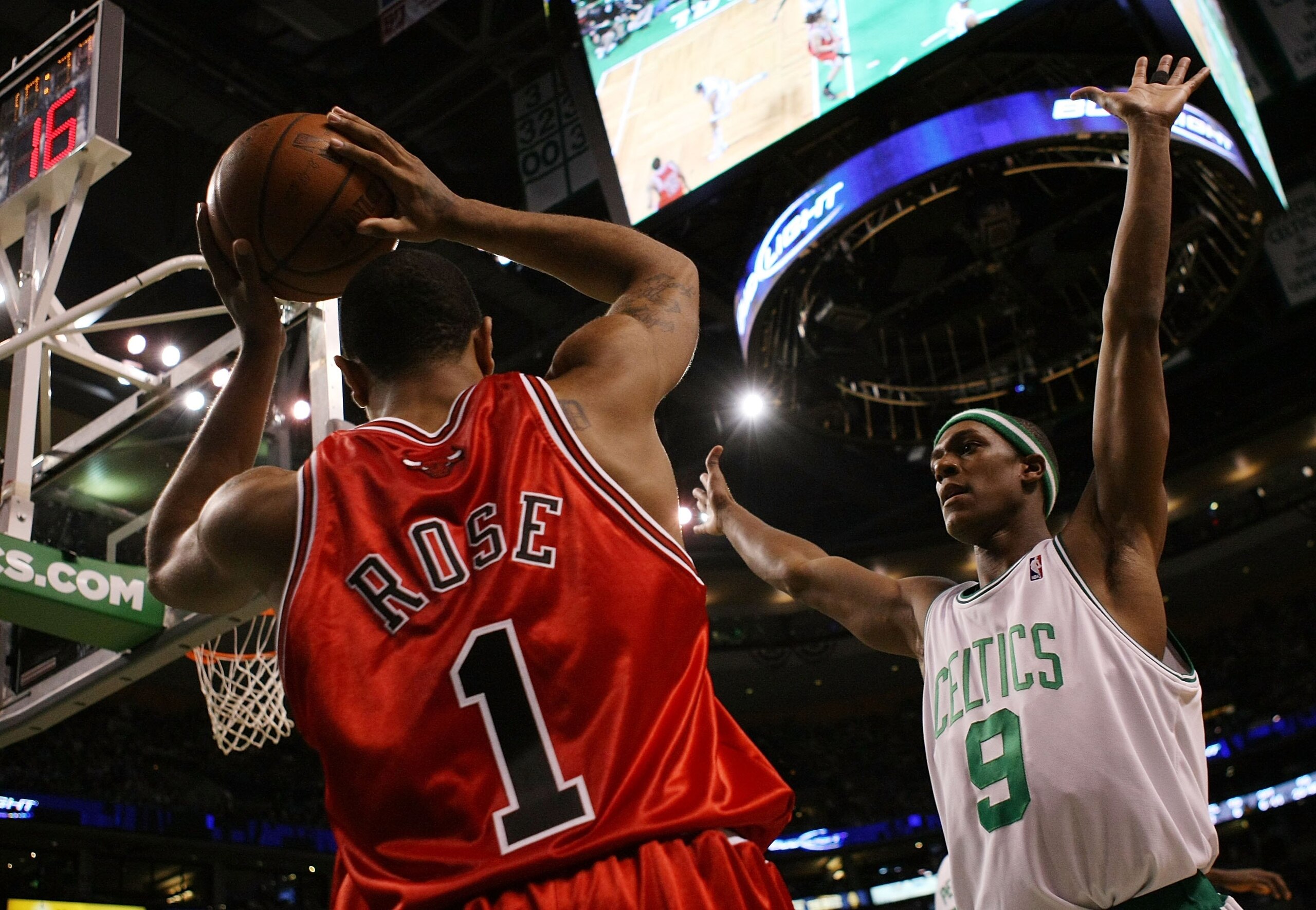 BOSTON - MAY 02: Rajon Rondo #9 of the Boston Celtics tries to keep Derrick Rose #1 of the Chicago Bulls from passing the ball in bounds in Game Seven of the Eastern Conference Quarterfinals during the 2009 NBA Playoffs at TD Banknorth Garden on May 2, 2 BOSTON - MAY 02: Rajon Rondo #9 of the Boston Celtics tries to keep Derrick Rose #1 of the Chicago Bulls from passing the ball in bounds in Game Seven of the Eastern Conference Quarterfinals during the 2009 NBA Playoffs at TD Banknorth Garden on May 2, 2