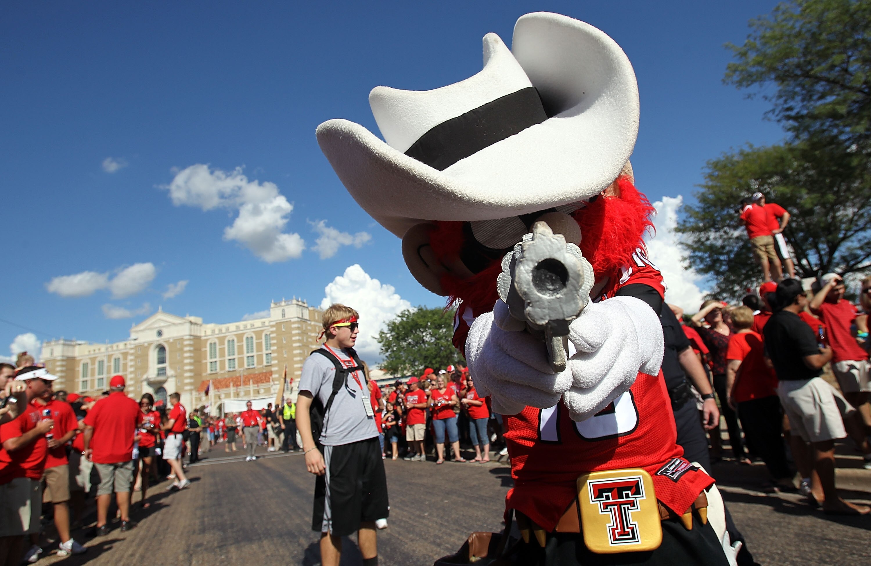 LUBBOCK, TX - SEPTEMBER 18:  Raider Red, the mascot of the Texas Tech Red Raiders, poses for a photo before a game against the Texas Longhorns at Jones AT&T Stadium on September 18, 2010 in Lubbock, Texas.  (Photo by Ronald Martinez/Getty Images)