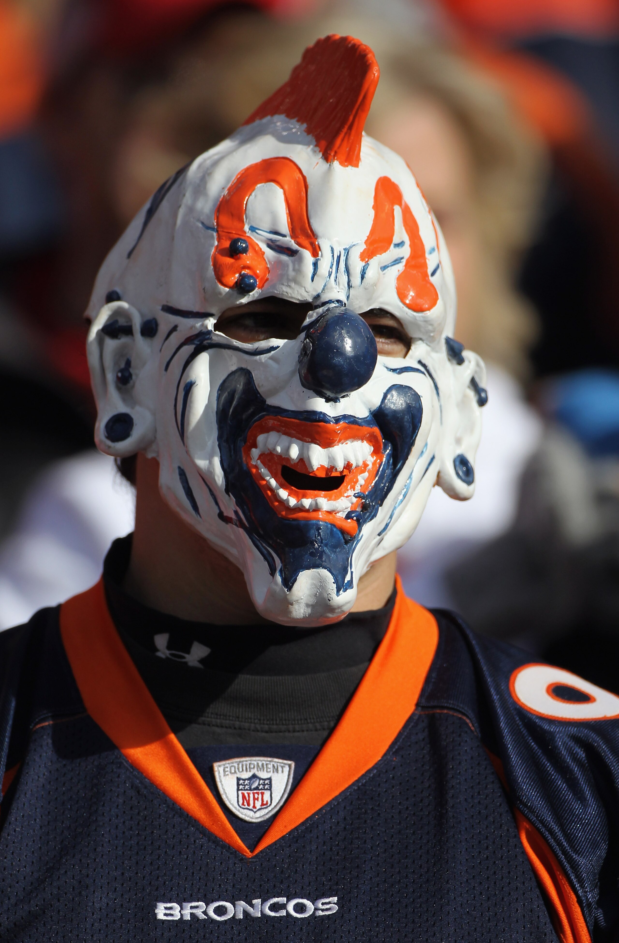 DENVER - NOVEMBER 14:  A masked fan supports the Denver Broncos against the Kansas City Chiefs at INVESCO Field at Mile High on November 14, 2010 in Denver, Colorado. The Broncos defeated the Chiefs 49-29.  (Photo by Doug Pensinger/Getty Images)