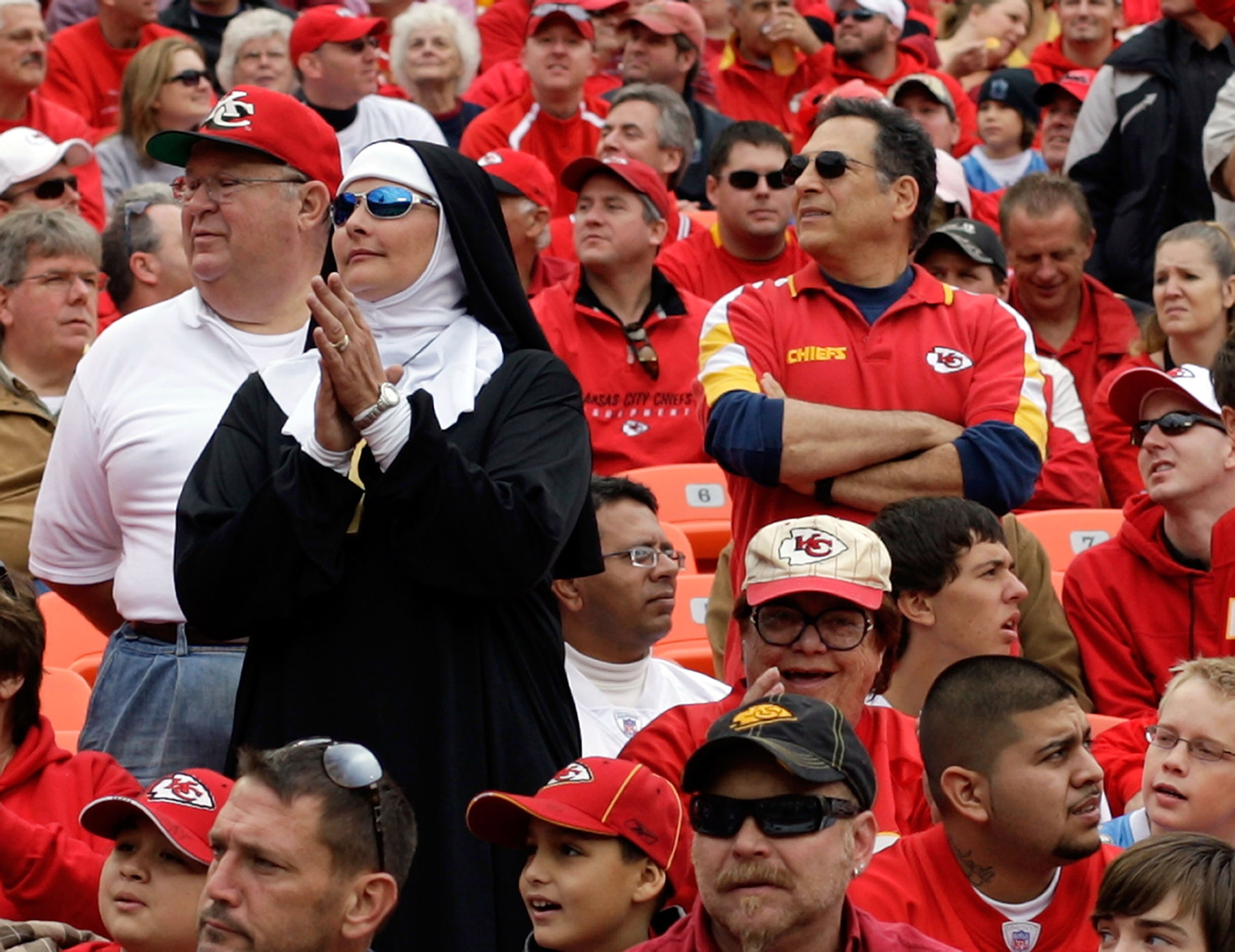 KANSAS CITY, MO - OCTOBER 25:  A fan dressed as a nun prays for the Chiefs prior to the start of the game between the San Diego Chargers and the Kansas City Chiefs on October 25, 2009 at Arrowhead Stadium in Kansas City, Missouri.  (Photo by Jamie Squire/