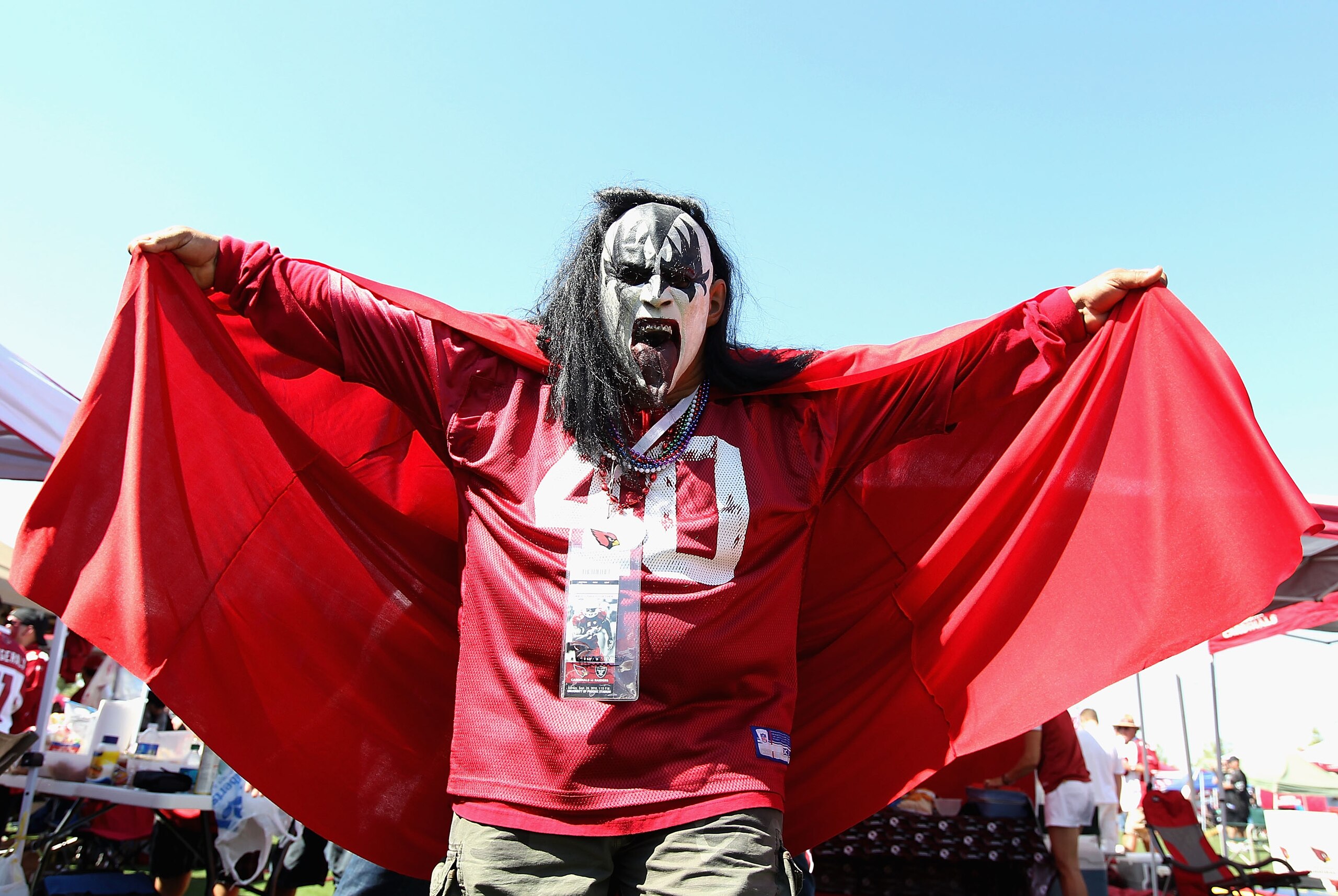 GLENDALE, AZ - SEPTEMBER 26:   A fan of the Arizona Cardinals wearing a 'Kiss' mask poses before the NFL game against the Oakland Raiders at the University of Phoenix Stadium on September 26, 2010 in Glendale, Arizona.  (Photo by Christian Petersen/Getty