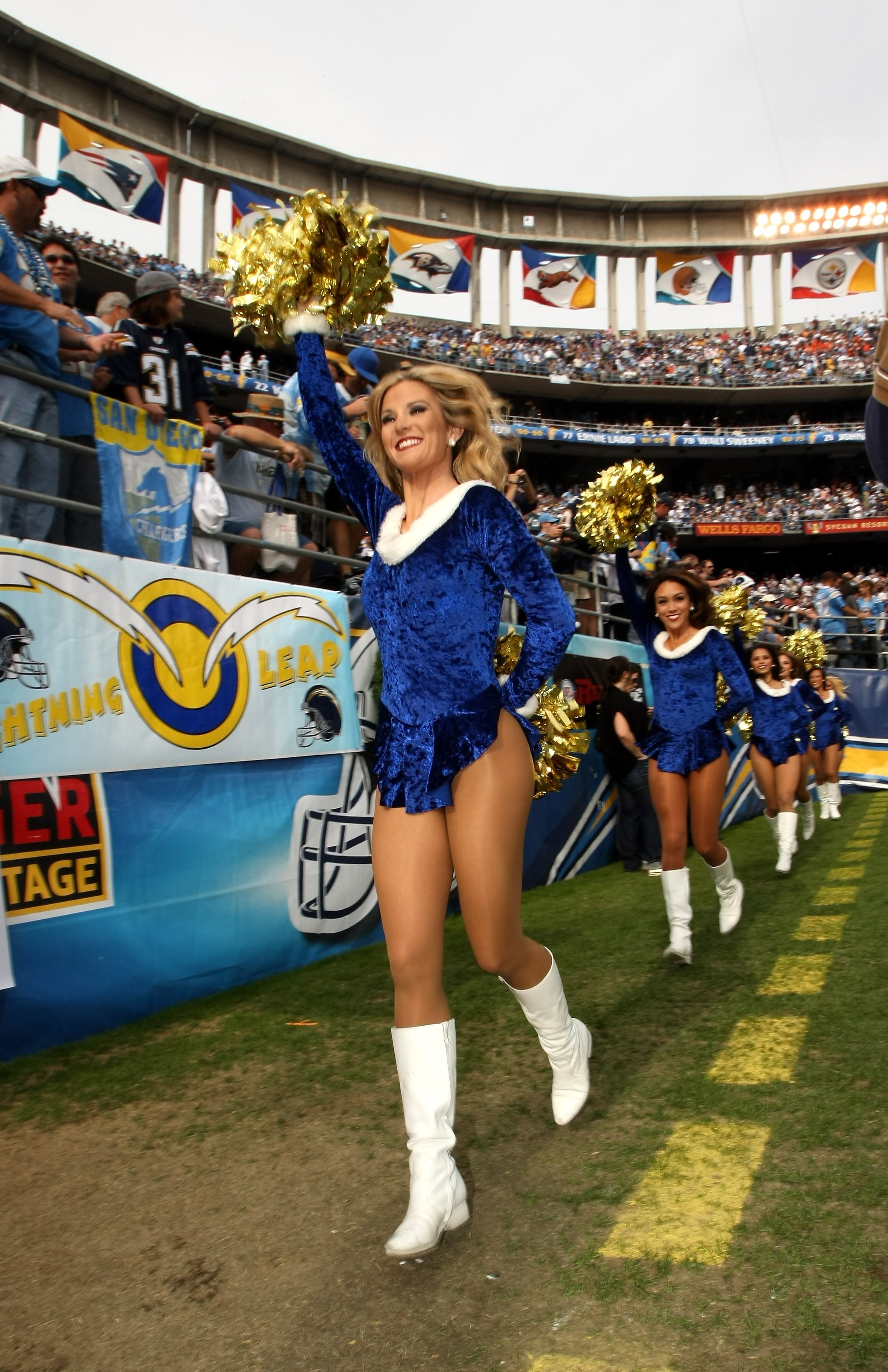 SAN DIEGO - DECEMBER 20:  The Charger Girls cheerleaders perform in the game between the San Diego Chargers and the Cincinnati Bengals on December 20, 2009 at Qualcomm Stadium in San Diego, California.  The Chargers won 27-24.  (Photo by Stephen Dunn/Gett