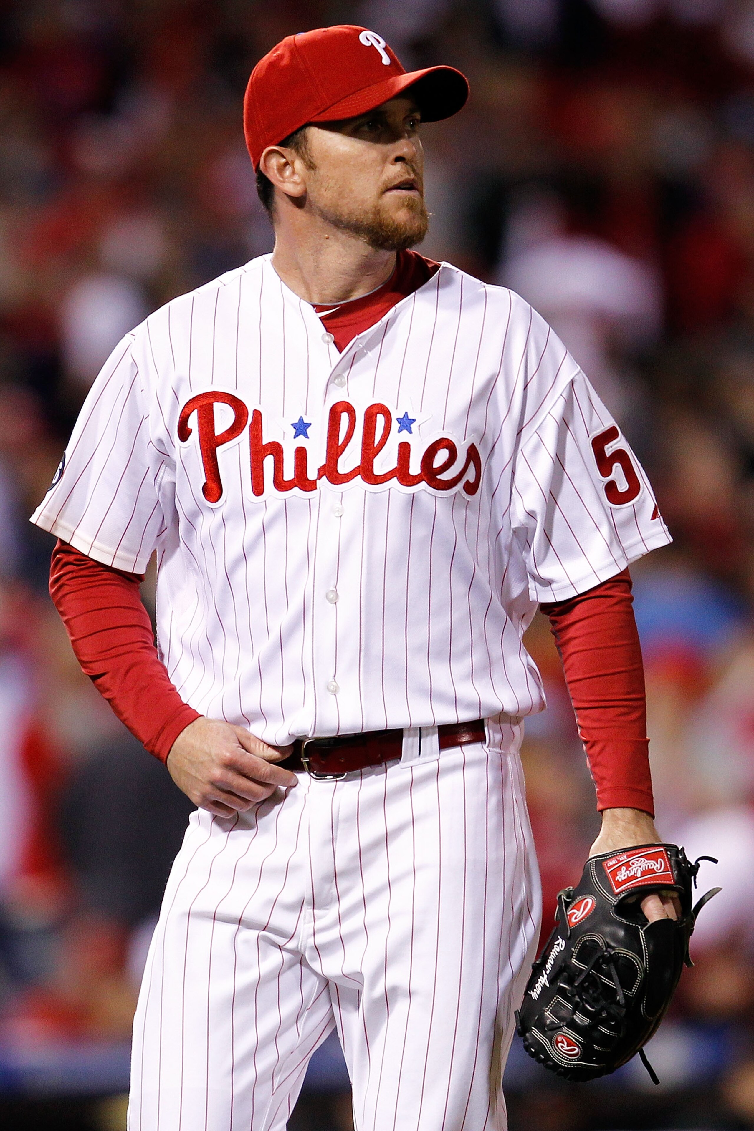 PHILADELPHIA - OCTOBER 16: Brad Lidge #54 of the Philadelphia Phillies looks on in the ninth inning against the San Francisco Giants in Game One of the NLCS during the 2010 MLB Playoffs at Citizens Bank Park on October 16, 2010 in Philadelphia, Pennsylva PHILADELPHIA - OCTOBER 16: Brad Lidge #54 of the Philadelphia Phillies looks on in the ninth inning against the San Francisco Giants in Game One of the NLCS during the 2010 MLB Playoffs at Citizens Bank Park on October 16, 2010 in Philadelphia, Pennsylva