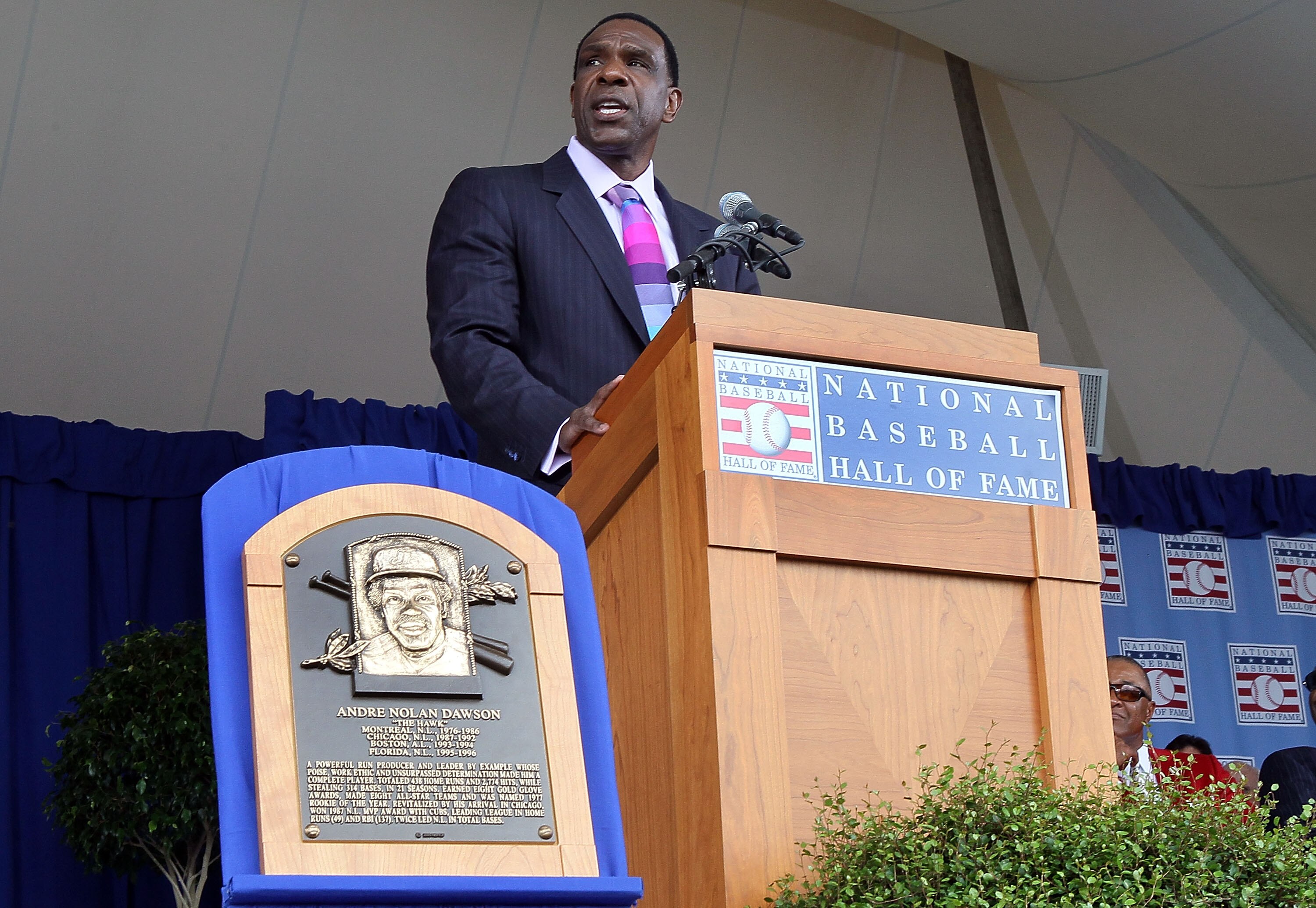 COOPERSTOWN, NY - JULY 25:  The 2010 inductee Andre Dawson gives his speech at Clark Sports Center during the Baseball Hall of Fame induction ceremony on July 25, 20010 in Cooperstown, New York. Dawson was an eight time all-star during his twenty one year