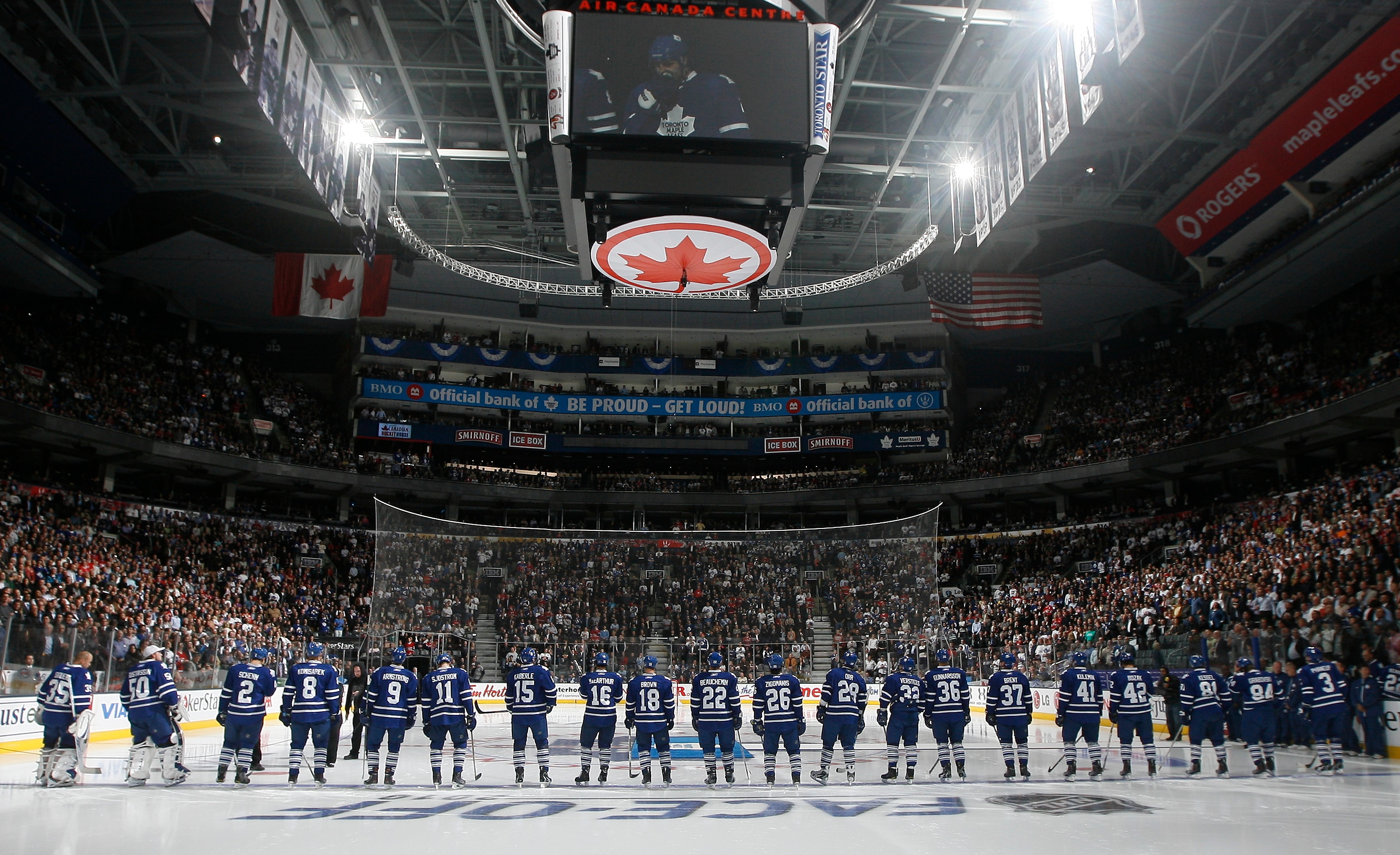TORONTO, CANADA - OCTOBER 07: The Leaf team is introduced during an opening night pre-game ceremony before a regular season NHL game between the Toronto Maple Leafs  and the Montreal Canadiens at the Air Canada Centre October 7, 2010 in Toronto, Ontario,