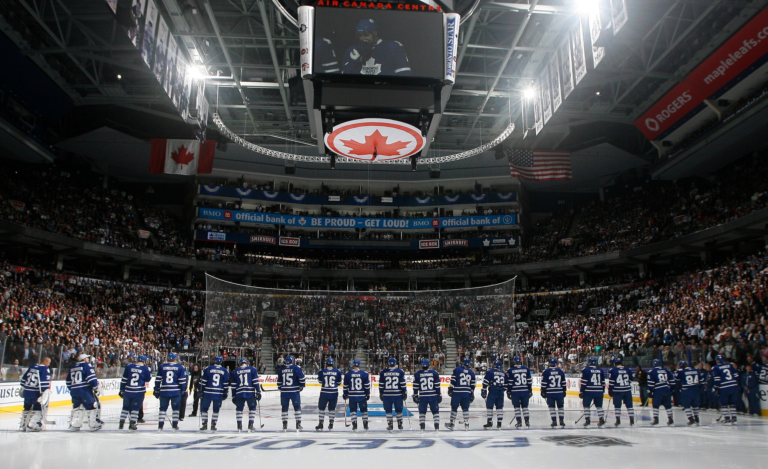 TORONTO, CANADA - OCTOBER 07: The Leaf team is introduced during an opening night pre-game ceremony before a regular season NHL game between the Toronto Maple Leafs  and the Montreal Canadiens at the Air Canada Centre October 7, 2010 in Toronto, Ontario,