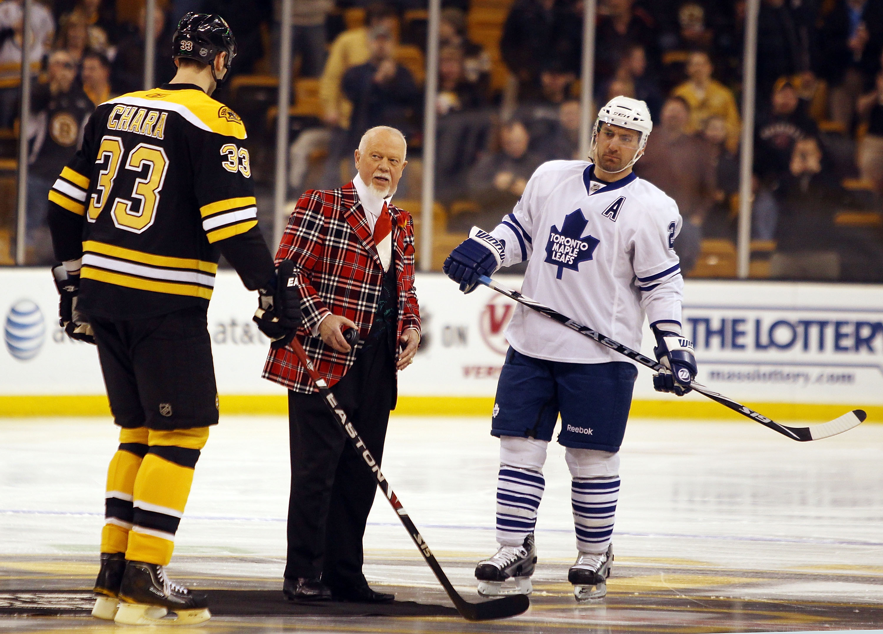 BOSTON - MARCH 04:  Don Cherry drops the puck during the ceremonial face off as Francois Beauchemin #22 of the Toronto Maple Leafs Zdeno Chara #33 of the Boston Bruins stand by on March 4, 2010 at the TD Garden in Boston, Massachusetts.  (Photo by Elsa/Ge