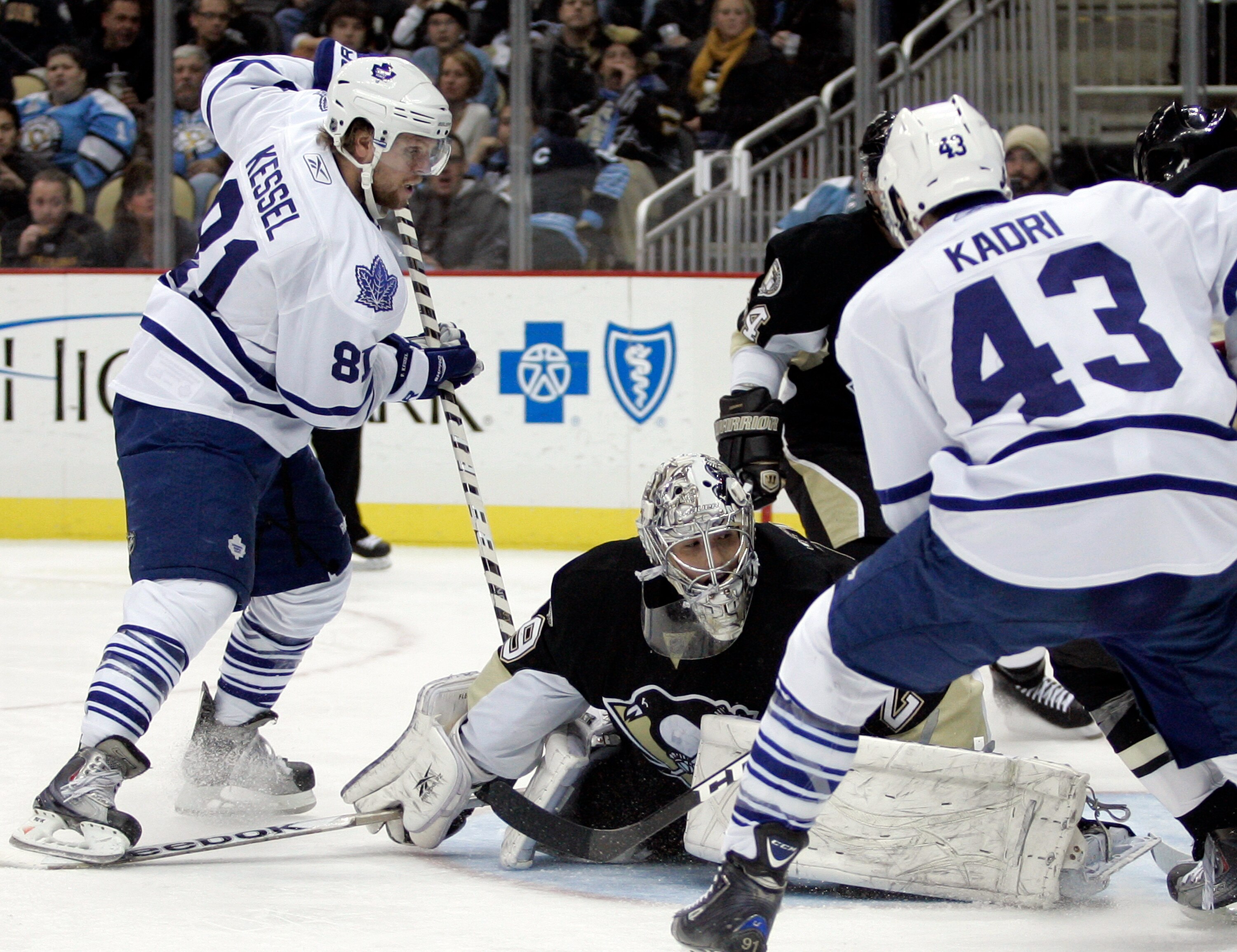 PITTSBURGH, PA - DECEMBER 08:  Marc-Andre Fleury #29 of the Pittsburgh Penguins protects the net against the Toronto Maple Leafs at Consol Energy Center on December 8, 2010 in Pittsburgh, Pennsylvania.  Penguins defeated the Maple Leafs 5-2.  (Photo by Ju