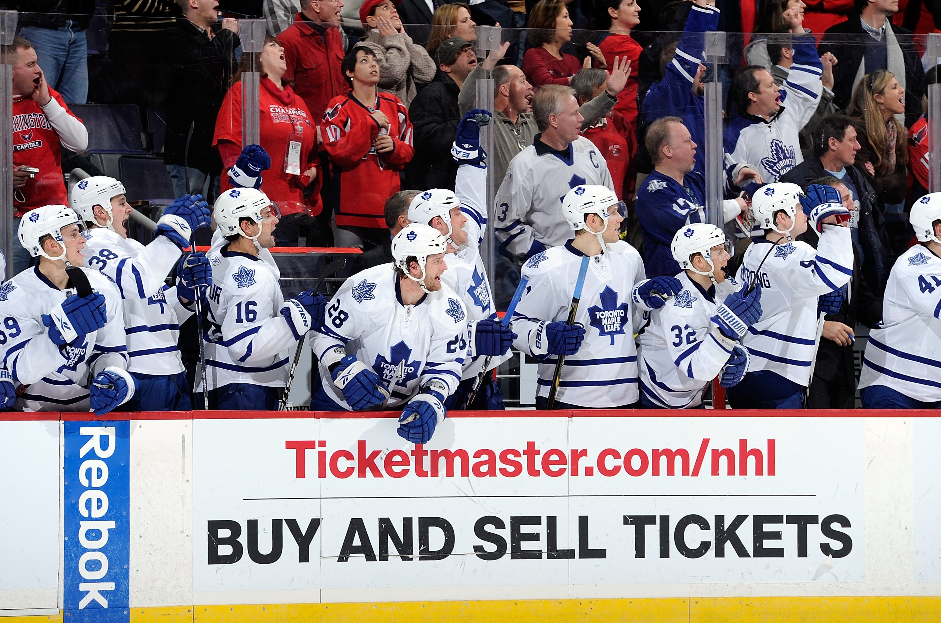 WASHINGTON, DC - DECEMBER 06:  The Toronto Maple Leafs bench celebrates after a 5-4 victory in a shootout against the Washington Capitals at the Verizon Center on December 6, 2010 in Washington, DC.  (Photo by Greg Fiume/Getty Images)
