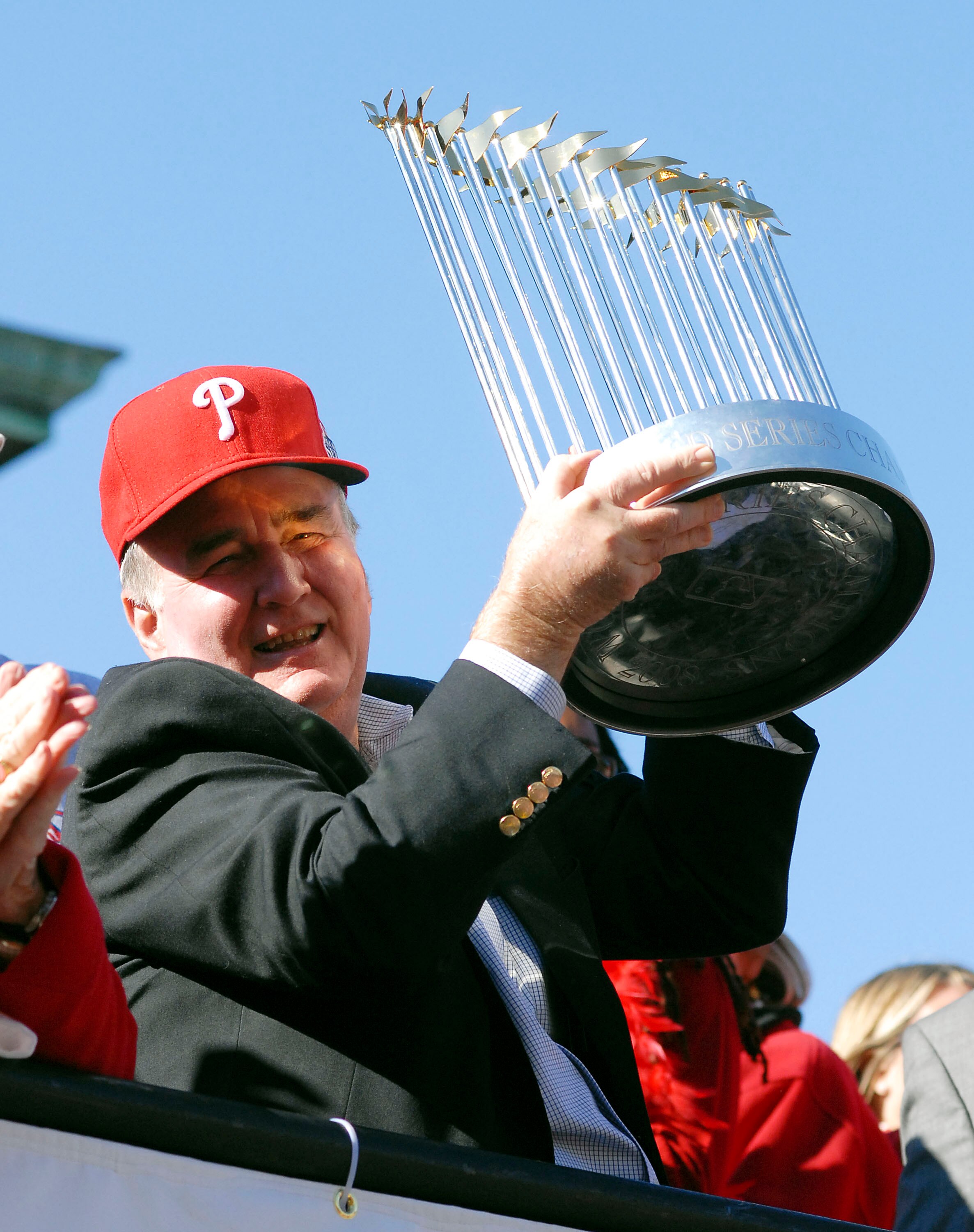 PHILADELPHIA, PA - OCTOBER 31: Philadelphia Phillies President Dave Montgomery hold the World Series trophy during the World Championship Parade October 31, 2008 in Philadelphia, Pennsylvania. The Phillies defeated the Tampa Bay Rays to win their first Wo