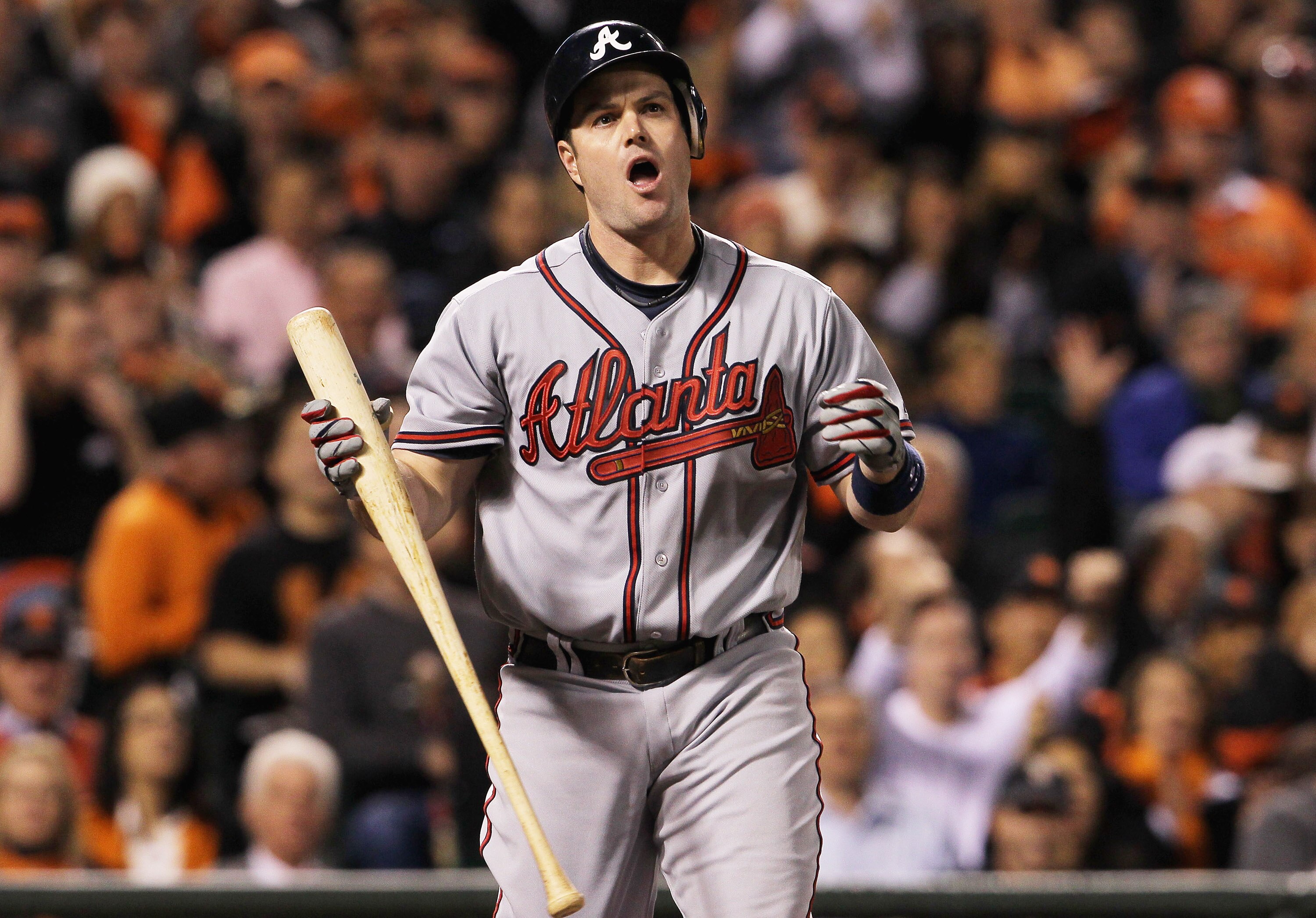 SAN FRANCISCO - OCTOBER 07:  Matt Diaz #23 of the Atlanta Braves reacts after striking out during the second inning against the San Francisco Giants pitches during the second inning of game one of the National League Division Series at AT&T Park on Octobe