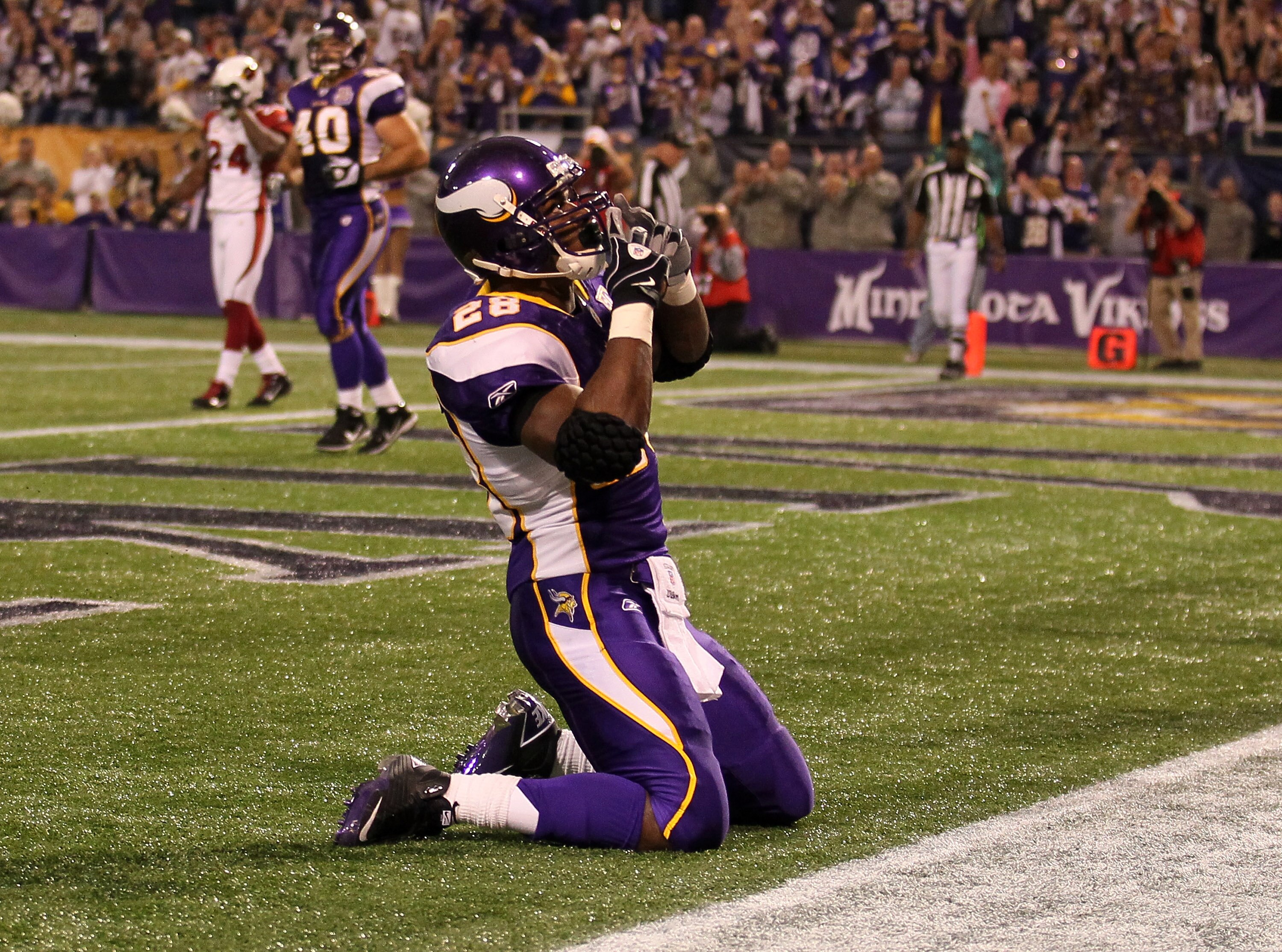 MINNEAPOLIS - NOVEMBER 7: Running back Adrian Peterson #28 of the Minnesota Vikings celebrates after his 12 yard touchdown reception in the second quarter against the Arizona Cardinals at Hubert H. Humphrey Metrodome on November 7, 2010 in Minneapolis, Mi
