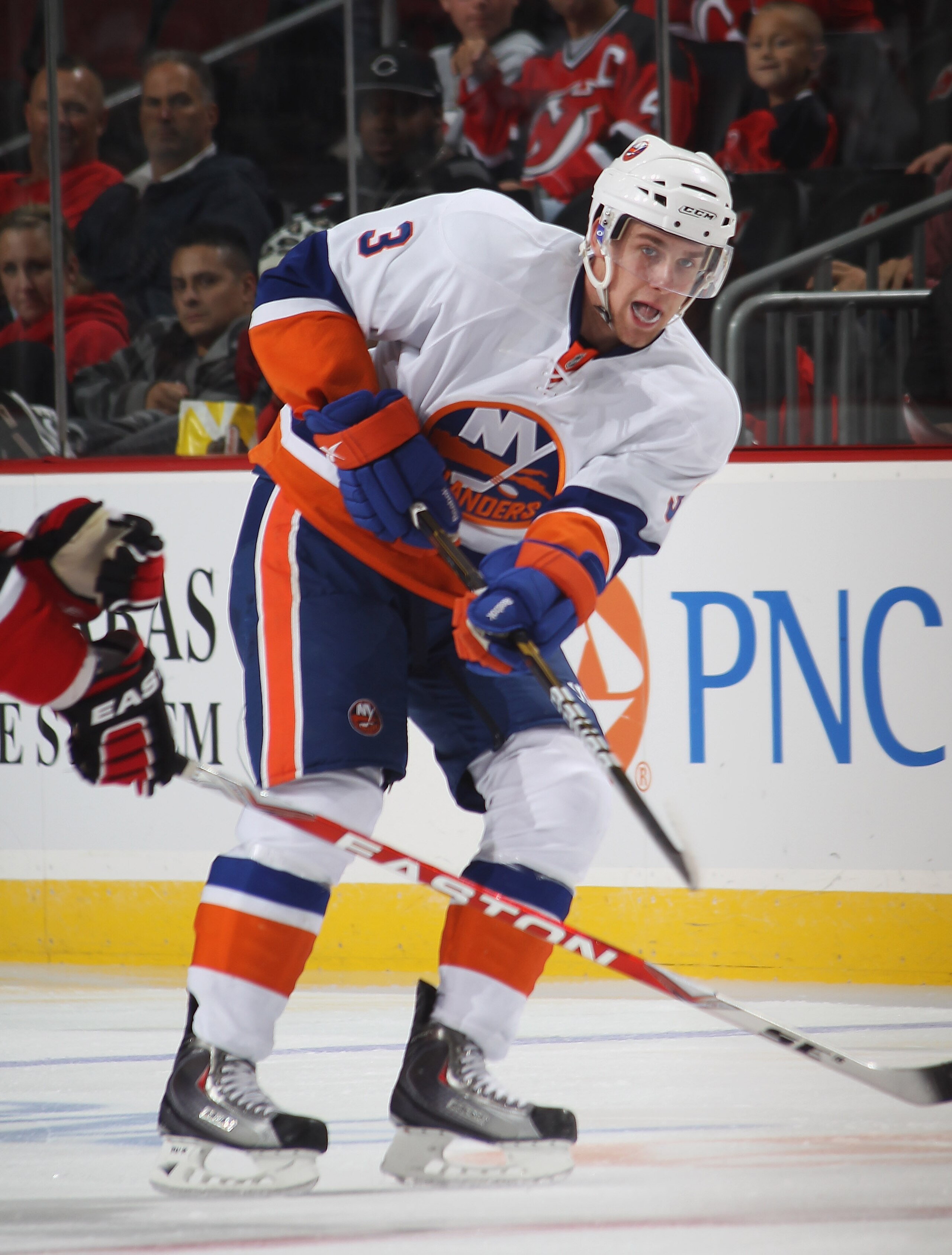 NEWARK, NJ - OCTOBER 01:  Calvin de Haan #3  of the New York Islanders skates against the New Jersey Devils at the Prudential Center on October 1, 2010 in Newark, New Jersey.The Devils defeated the Islanders 4-3.  (Photo by Bruce Bennett/Getty Images)