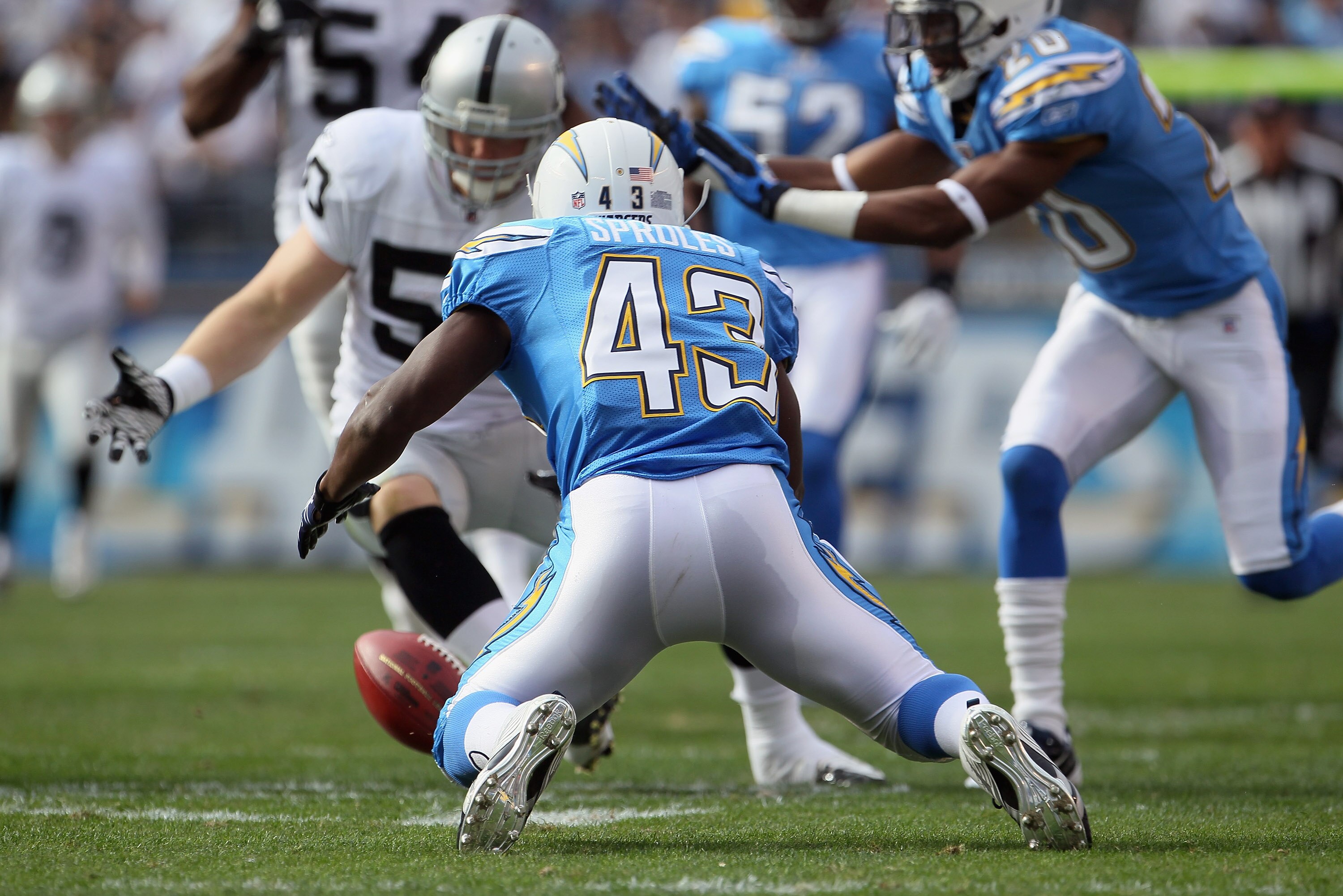 SAN DIEGO - DECEMBER 05:  Darren Sproles #43 of the San Diego Chargers fumbles a punt in the first quarter against the Oakland Raiders at Qualcomm Stadium on December 5, 2010 in San Diego, California.  (Photo by Jeff Gross/Getty Images)