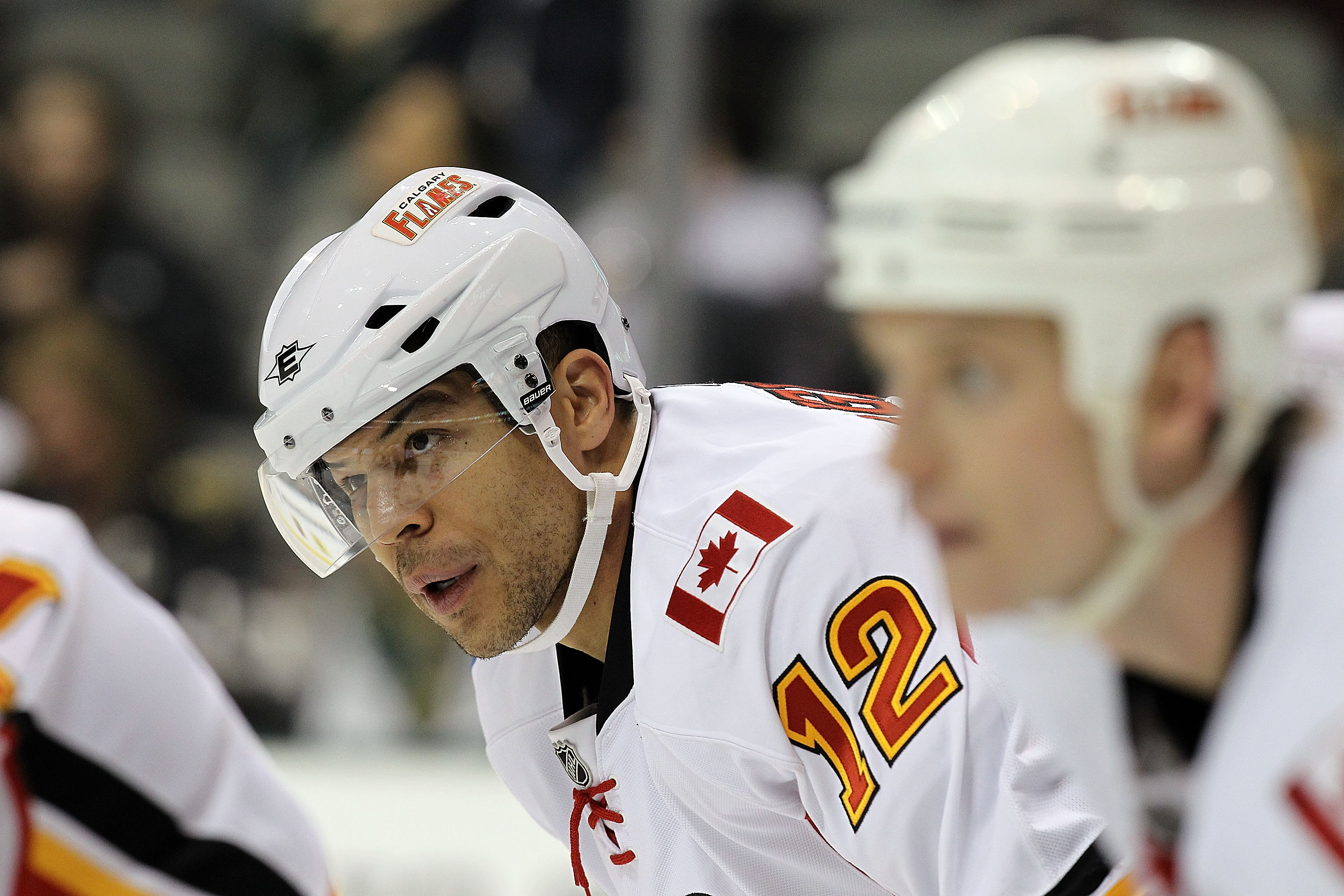 DALLAS, TX - DECEMBER 23:  Right wing Jarome Iginla #12 of the Calgary Flames  at American Airlines Center on December 23, 2010 in Dallas, Texas.  (Photo by Ronald Martinez/Getty Images)