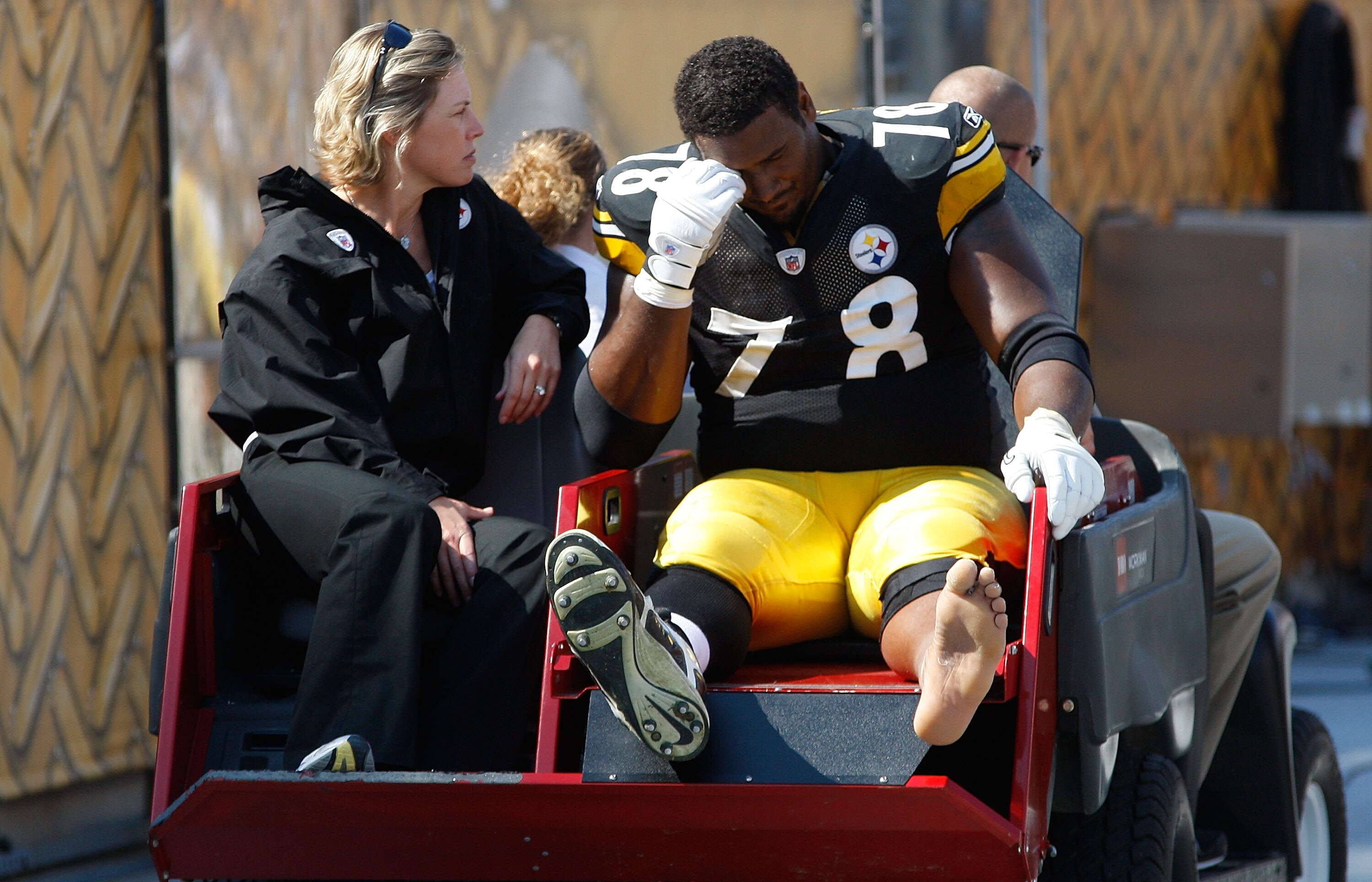 PITTSBURGH - SEPTEMBER 12:  Max Starks #78 of the Pittsburgh Steelers is carted off the field after getting injured against the Atlanta Falcons during the NFL season opener game on September 12, 2010 at Heinz Field in Pittsburgh, Pennsylvania.  (Photo by 