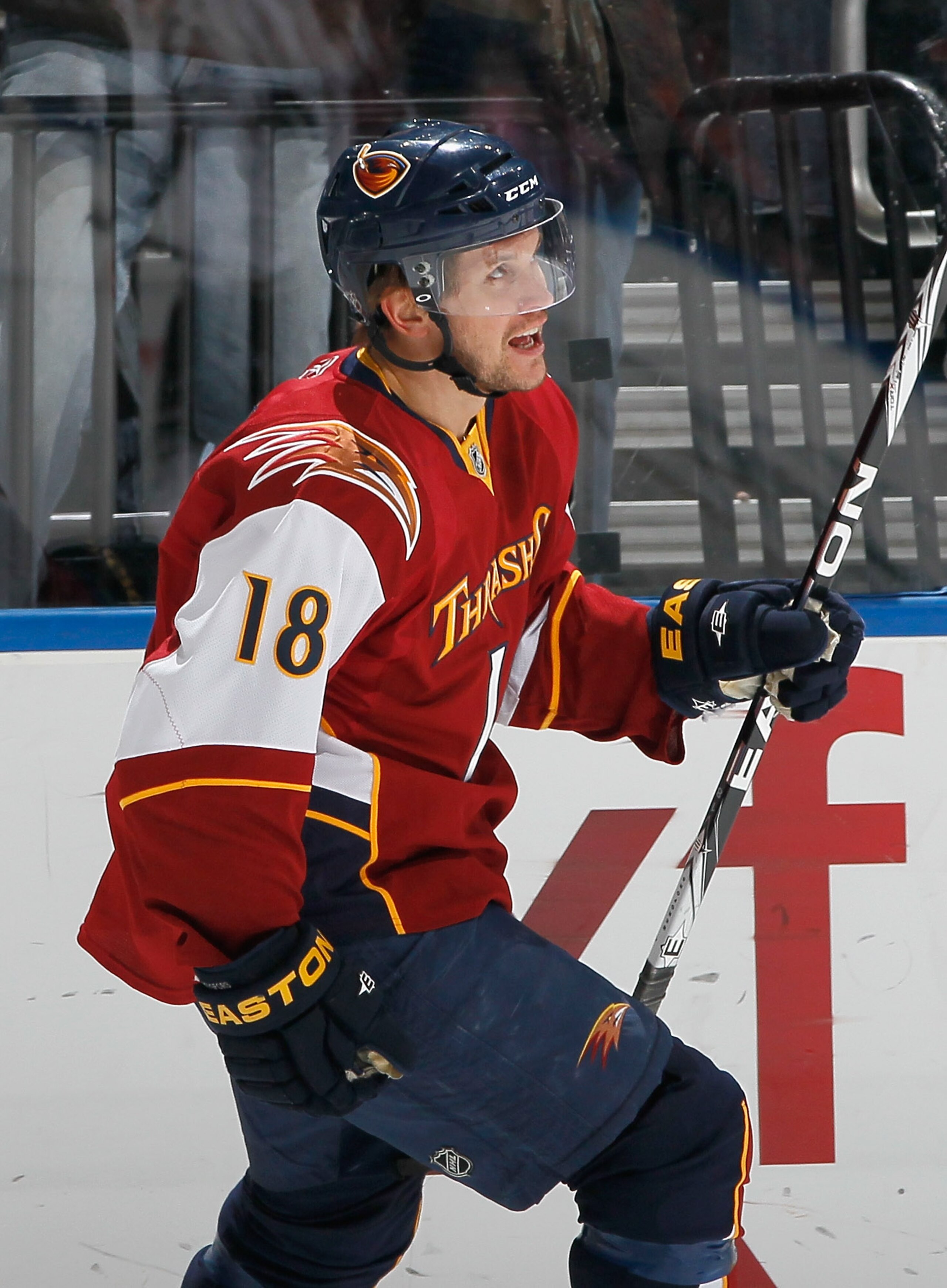 ATLANTA, GA - DECEMBER 10:  Niclas Bergfors #18 of the Atlanta Thrashers reacts after scoring a goal against the Colorado Avalanche at Philips Arena on December 10, 2010 in Atlanta, Georgia.  (Photo by Kevin C. Cox/Getty Images)