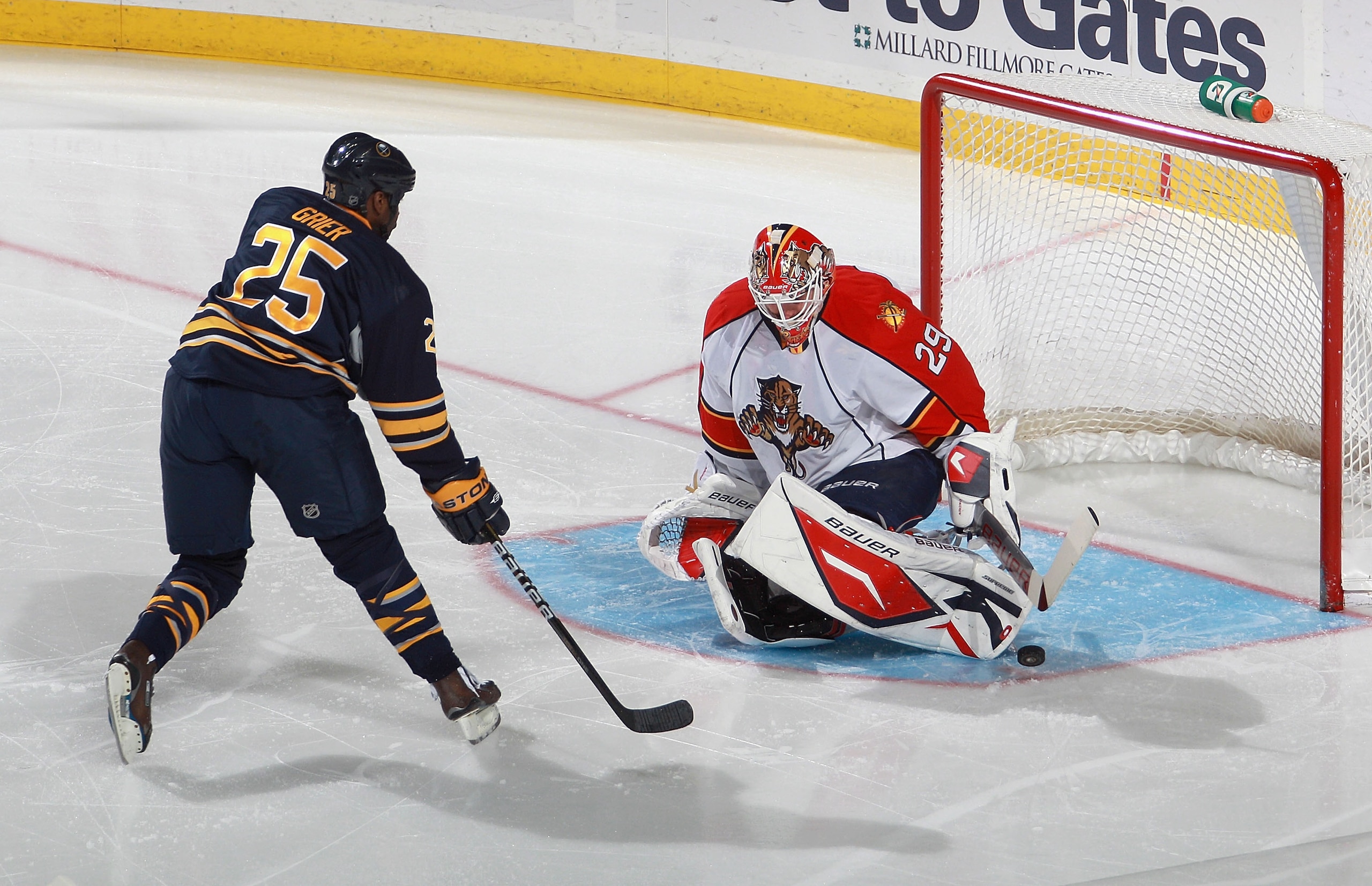 BUFFALO, NY - DECEMBER 23: Tomas Vokoun #29 of the Florida Panthers makes a save on Michael Grier #25 of the Buffalo Sabres  at HSBC Arena on December 23, 2010 in Buffalo, New York.  (Photo by Rick Stewart/Getty Images)