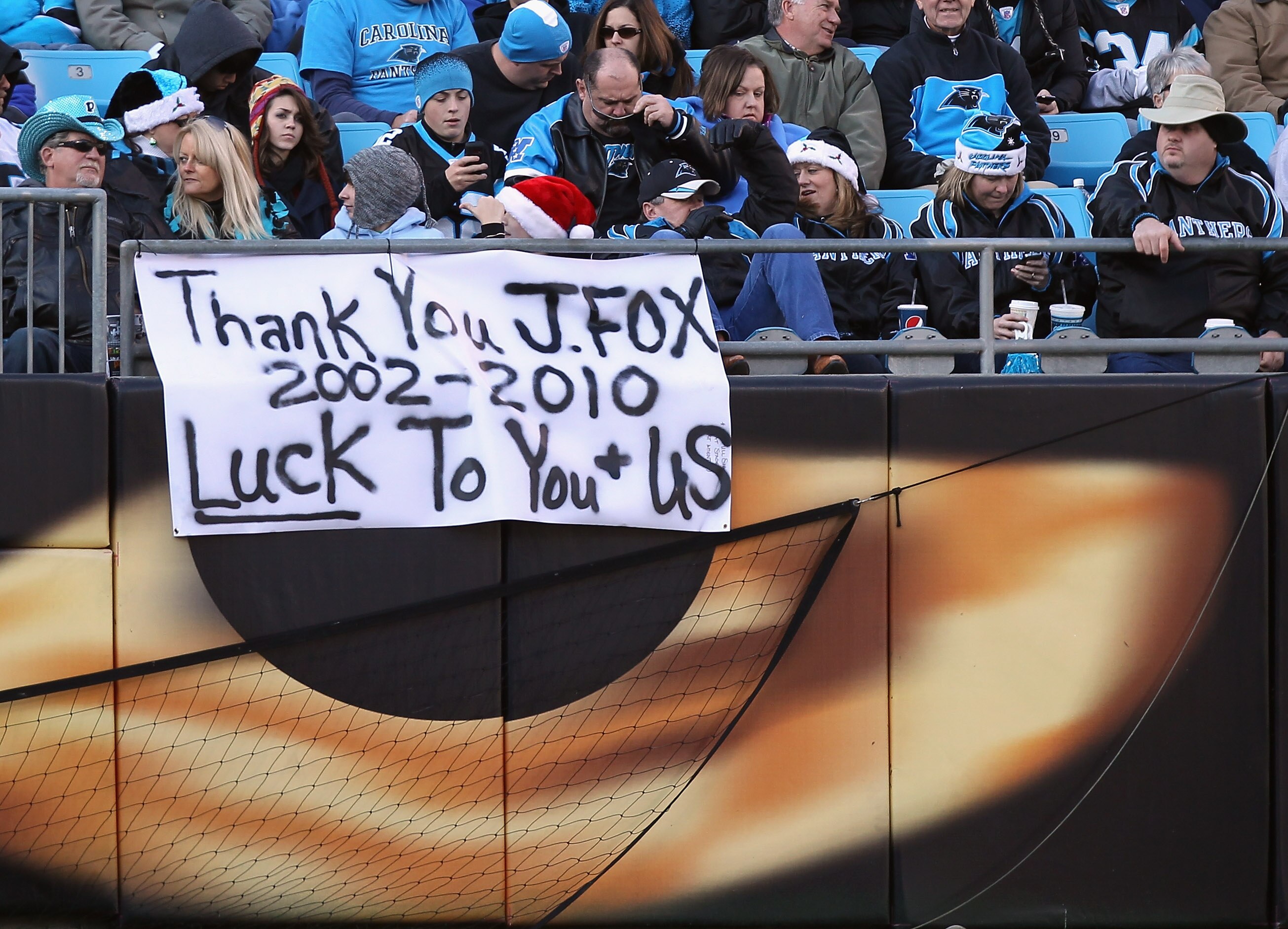 CHARLOTTE, NC - DECEMBER 19:  Fans hang a sign for head coach John Fox of the Carolina Panthers during their game against the Arizona Cardinals at Bank of America Stadium on December 19, 2010 in Charlotte, North Carolina.  (Photo by Streeter Lecka/Getty I