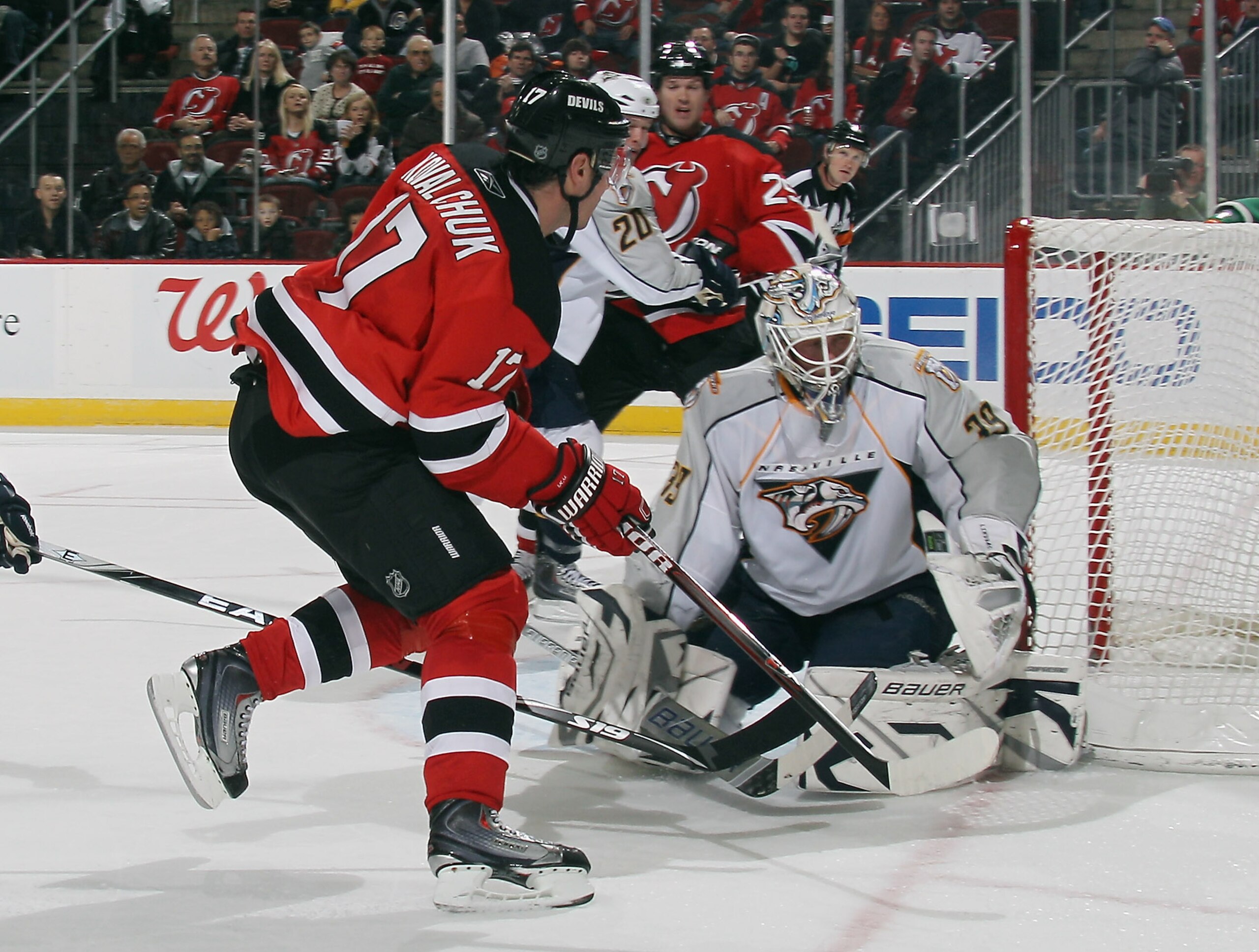 NEWARK, NJ - DECEMBER 17:  Ilya Kovalchuk #17 of the New Jersey Devils hits the post with his shot at Anders Lindback #39 of the Nashville Predators at the Prudential Center on December 17, 2010 in Newark, New Jersey. (Photo by Bruce Bennett/Getty Images)
