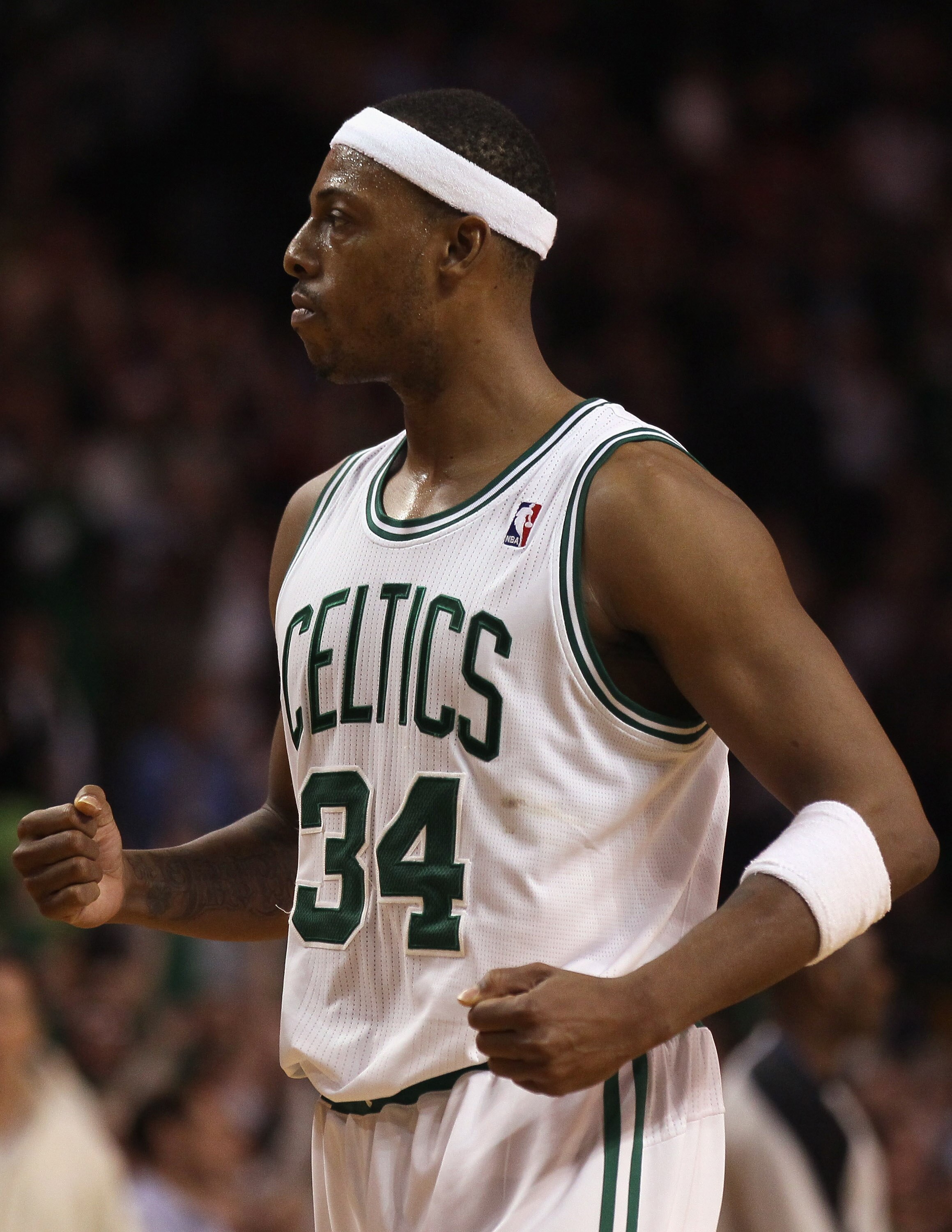 BOSTON - DECEMBER 01:  Paul Pierce #34 of the Boston Celtics celebrates his basket in the second half against the Portland Trailblazers on December 1, 2010 at the TD Garden in Boston, Massachusetts. The Celtics defeated the Trailblazers 99-95. NOTE TO USE