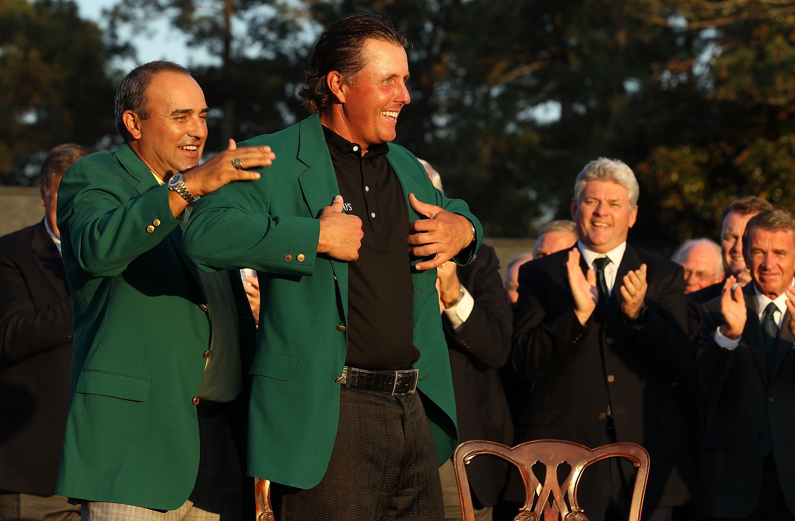 AUGUSTA, GA - APRIL 11:  Phil Mickelson and Angel Cabrera during the final round of the 2010 Masters Tournament at Augusta National Golf Club on April 11, 2010 in Augusta, Georgia.  (Photo by Streeter Lecka/Getty Images for Golf Week)
