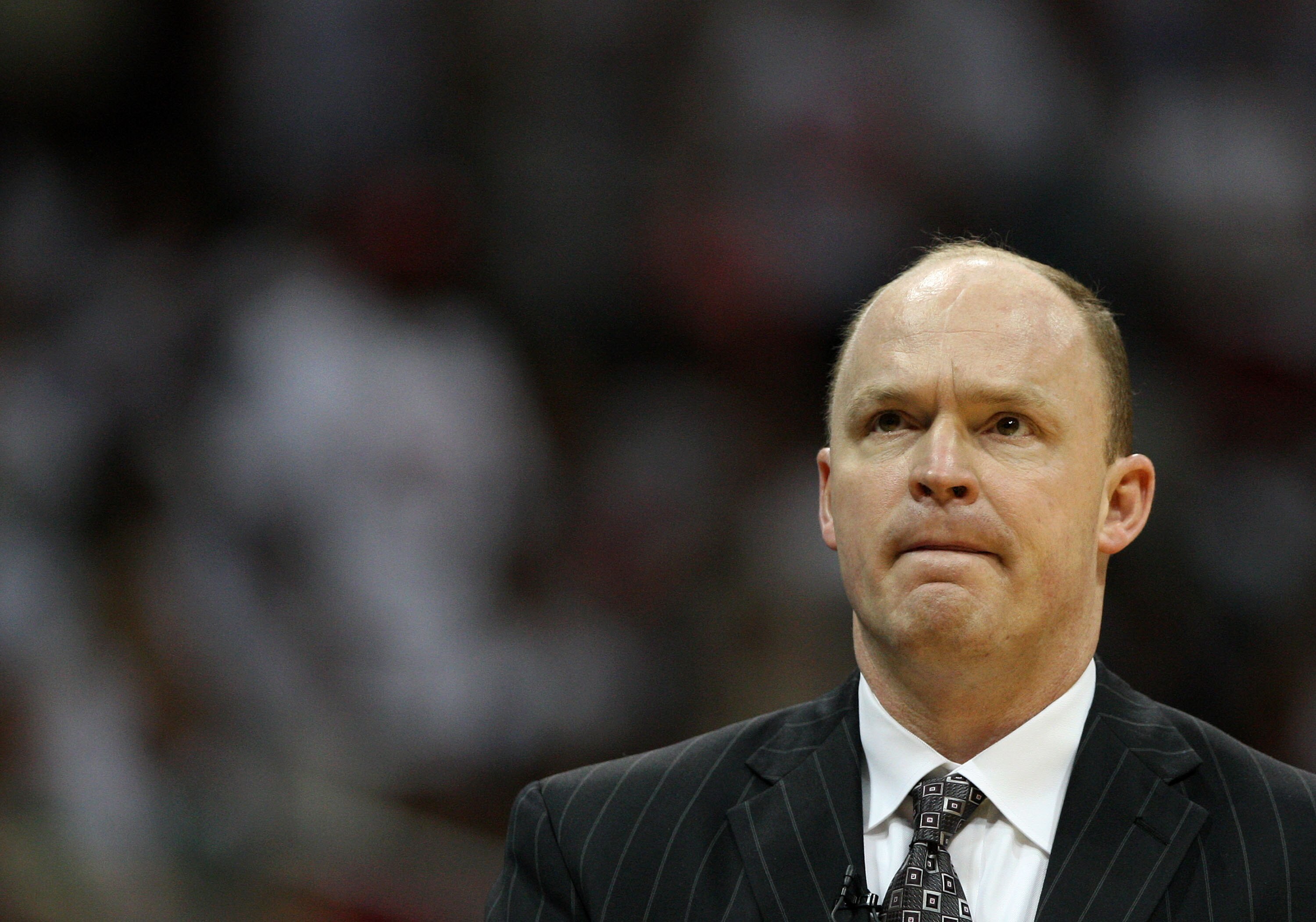 ATLANTA - MAY 2:  Milwaukee Bucks head coach Scott Skiles looks at the scoreboard during Game Seven of the Eastern Conference Quarterfinals between the Milwaukee Bucks and the Atlanta Hawks during the 2010 NBA Playoffs at Philips Arena on May 2, 2010 in A