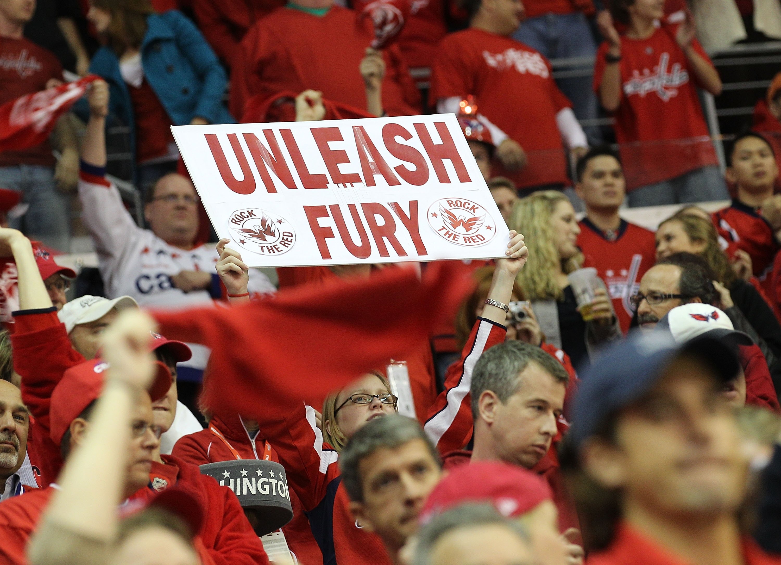 WASHINGTON - APRIL 28: Fans of the Washington Capitals support their team against the Montreal Canadiens in Game Seven of the Eastern Conference Quarterfinals during the 2010 NHL Stanley Cup Playoffs at the Verizon Center on April 28, 2010 in Washington,
