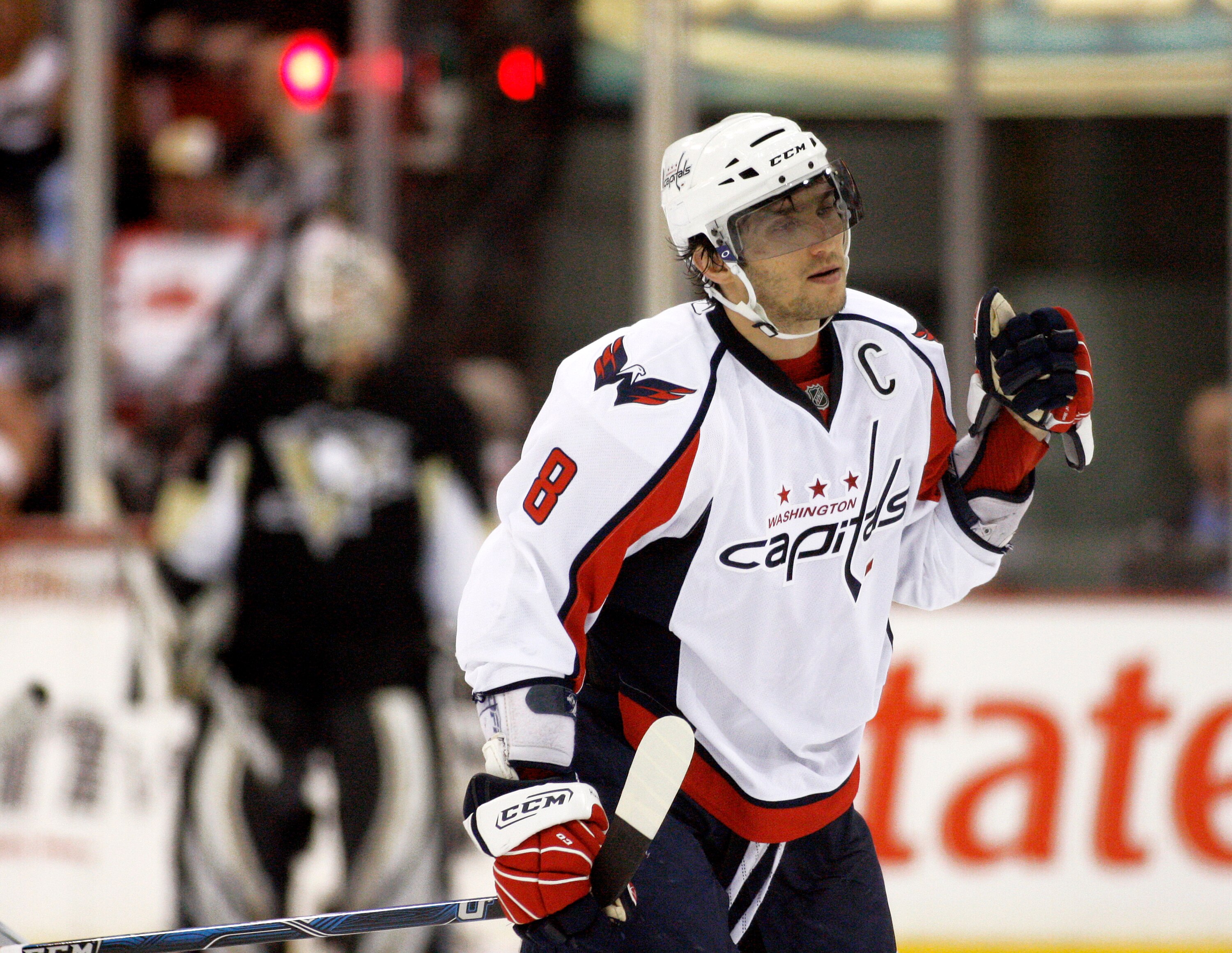 PITTSBURGH, PA - APRIL 6:  Alex Ovechkin #8 of the Washington Capitals celebrates his power play goal against the Pittsburgh Penguins in the third period at Mellon Arena on April 6, 2009 in Pittsburgh, Pennsylvania.  The Capitals defeated the Penguins 6-3