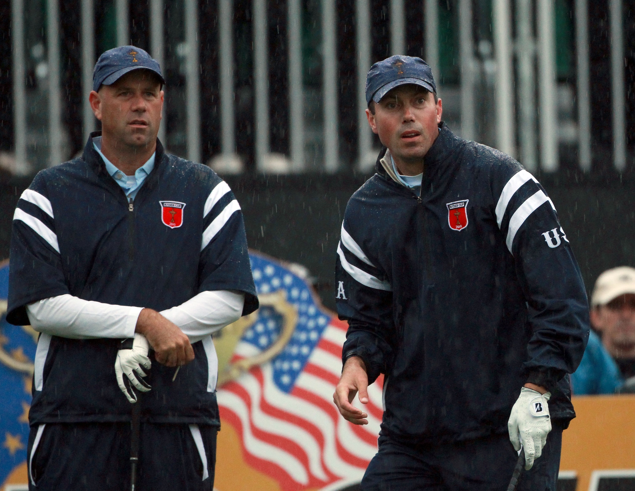NEWPORT, WALES - OCTOBER 01:  Stewart Cink (L) and Matt Kuchar of the USA wait on the first hole during the Morning Fourball Matches during the 2010 Ryder Cup at the Celtic Manor Resort on October 1, 2010 in Newport, Wales.  (Photo by Andrew Redington/Get