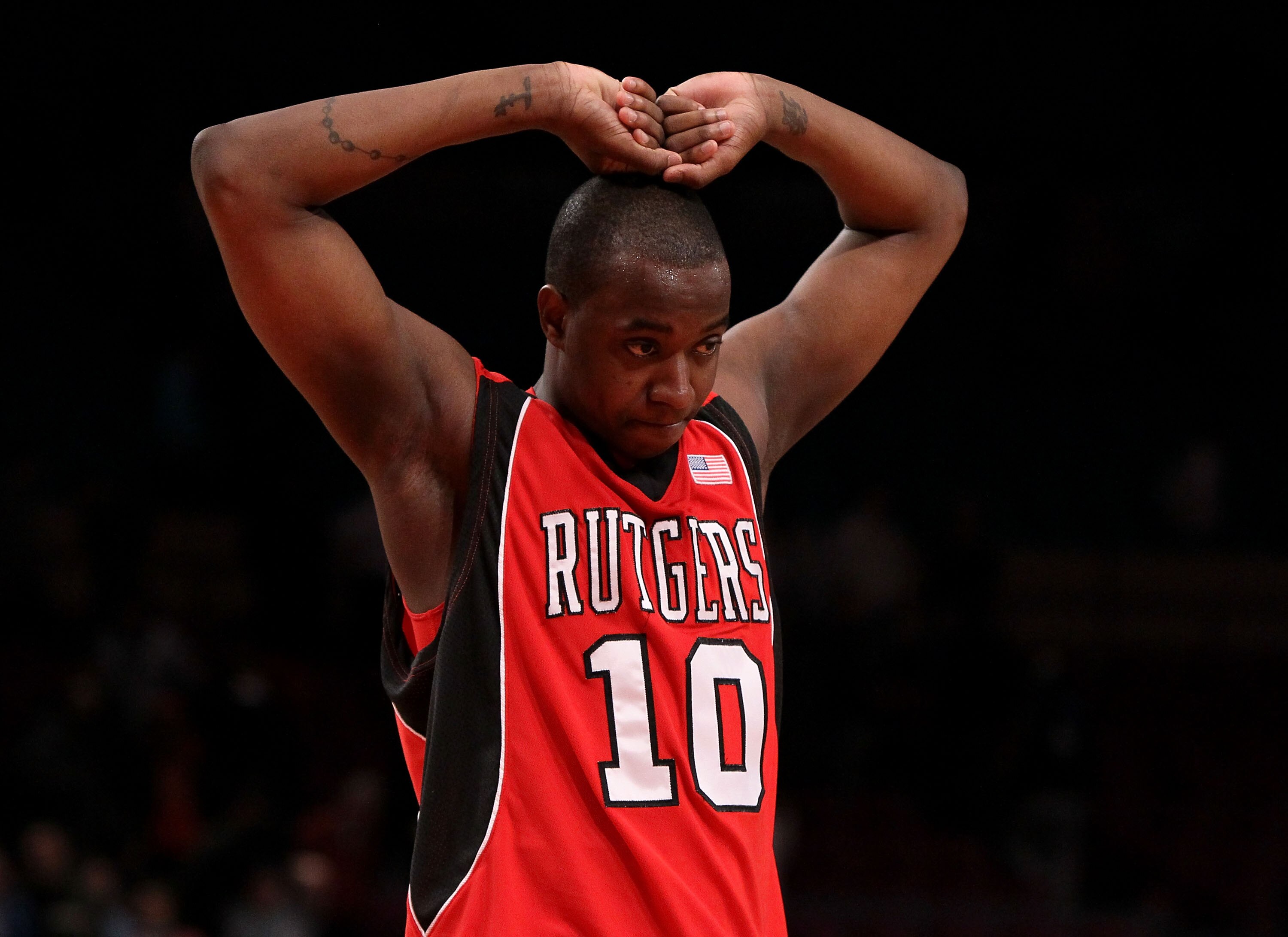 NEW YORK - MARCH 09: James Beatty #10 of the Rutgers Scarlet Knights reacts after losing to the Cincinnati Bearcats during the first round game of the Big East Basketball Tournament at Madison Square Garden on March 9, 2010 in New York, New York.  (Photo
