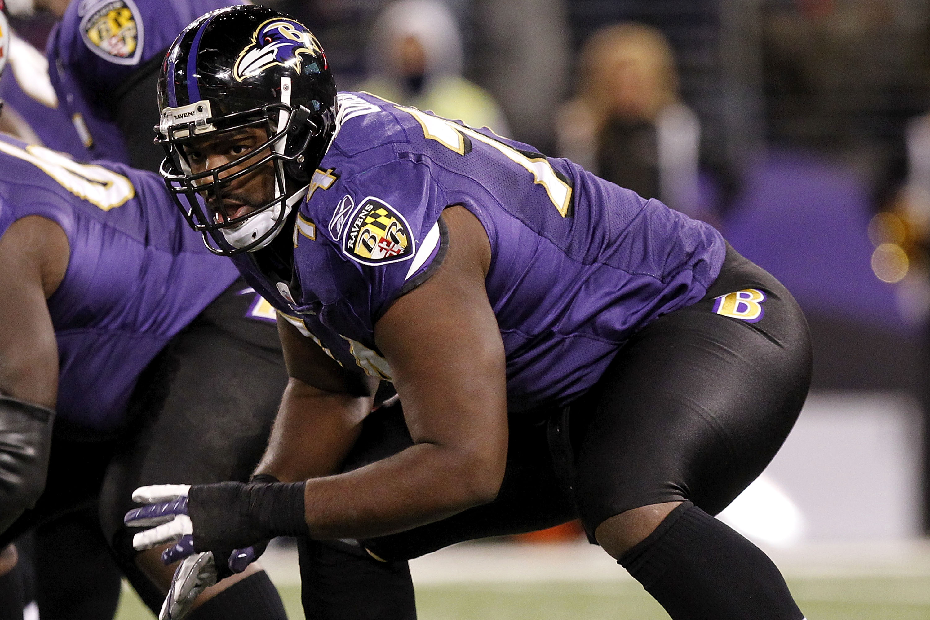 BALTIMORE, MD - DECEMBER 05:  Michael Oher #74 of the Baltimore Ravens blocks against the Pittsburgh Steelers at M&T Bank Stadium on December 5, 2010 in Baltimore, Maryland.  (Photo by Geoff Burke/Getty Images)