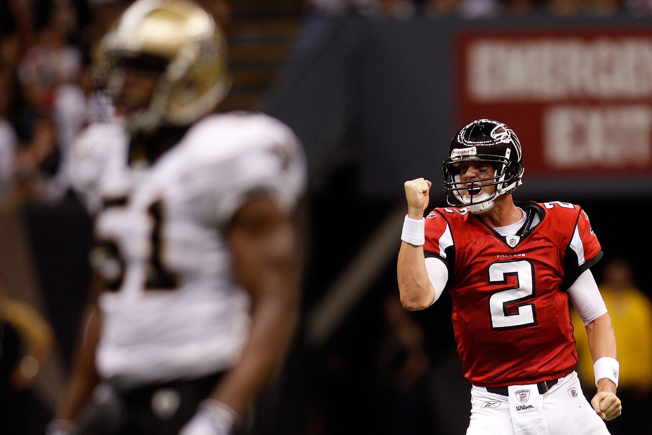 NEW ORLEANS - SEPTEMBER 26:  Matt Ryan #2 of the Atlanta Falcons celebrates after throwing a touchdown pass against the New Orleans Saints at the Louisiana Superdome on September 26, 2010 in New Orleans, Louisiana.  The Falcons defeated the Saints 27-24.