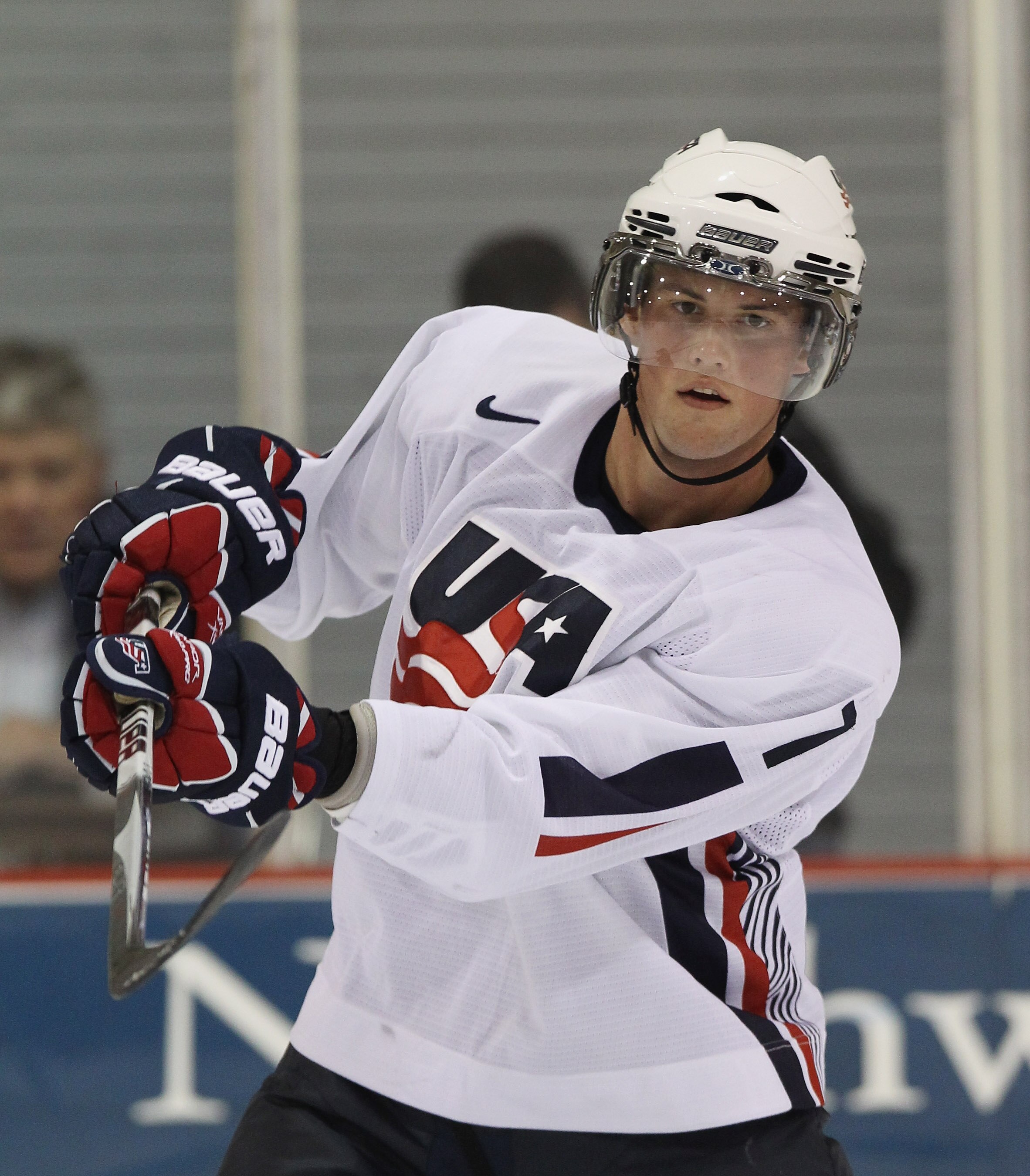 LAKE PLACID, NY - AUGUST 03:  Brian Dumoulin #7 of Team USA skates against Team Sweden at the USA Hockey National Evaluation Camp on August 3, 2010 in Lake Placid, New York. Team USA defeated Team Sweden 6-3.  (Photo by Bruce Bennett/Getty Images)